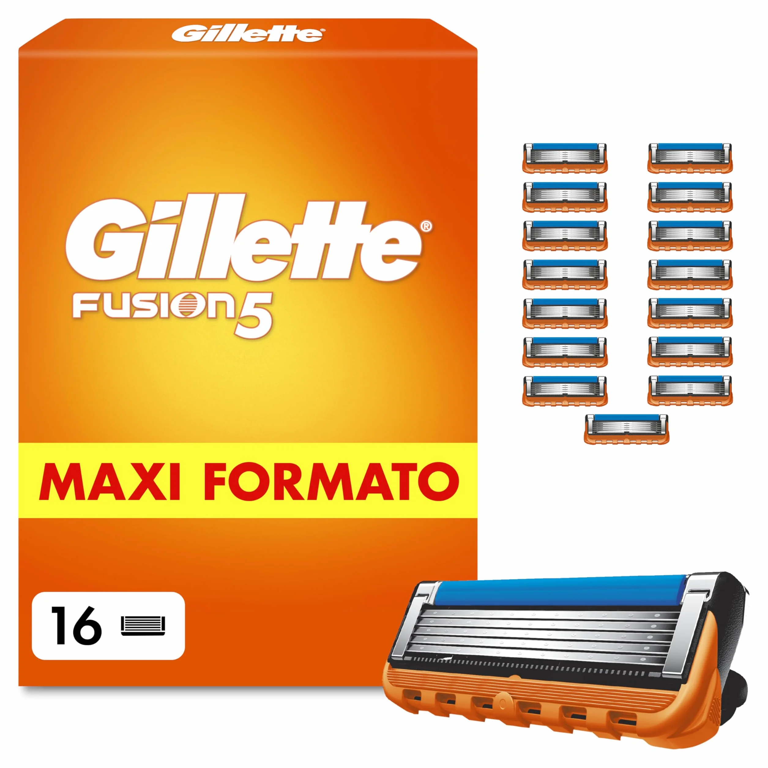 Gillette Lamette Gillette Fusion 5, 16 Lamette Da Barba Di Ricambio per Rasoio Barba Manuale Fusion5, da 5 Lame, Rasatura Scorrevole, Striscia Lubrificante, Fino a 1 Mese di Rasatura per Lametta