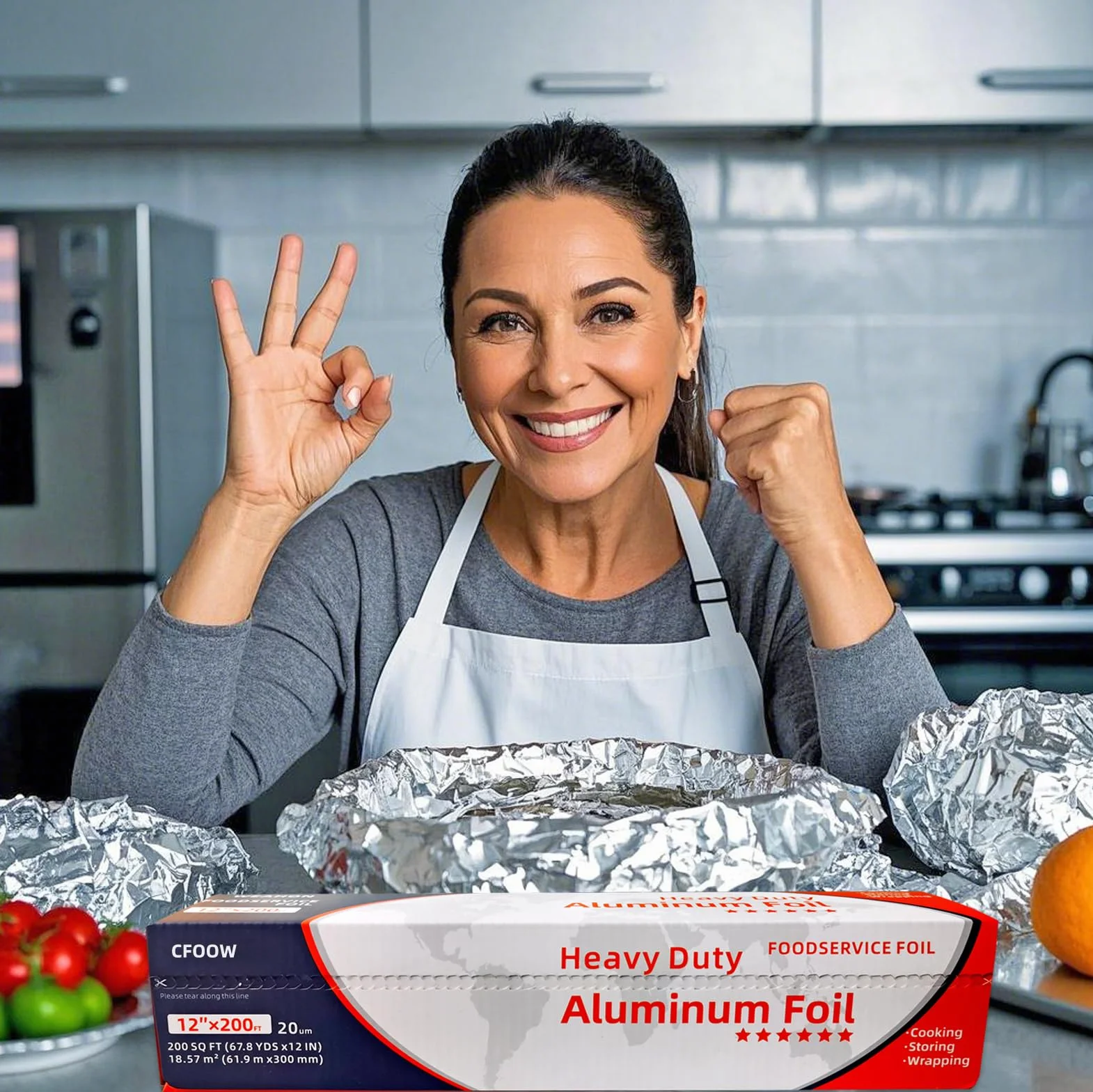 Carta Alluminio Extra Resistente – Spessore 20 Micron – 30 cm x 60 m – Per Airfryer, Forno & Barbecue – Con Taglierino Integrato – Qualità Professionale