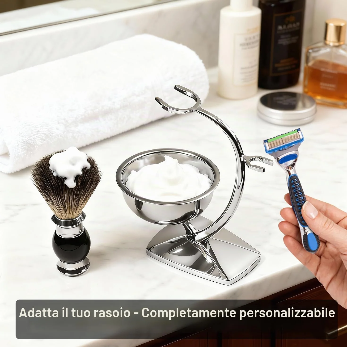 GRUTTI Set da Barba 3 in 1 da Uomo, Pennello da barba in finto tasso + telaio da barba + ciotola da barba, Porta Rasoio Compatibile con Rasoio Manuale Gillette, Set Regalo per Rasatura per Uomo