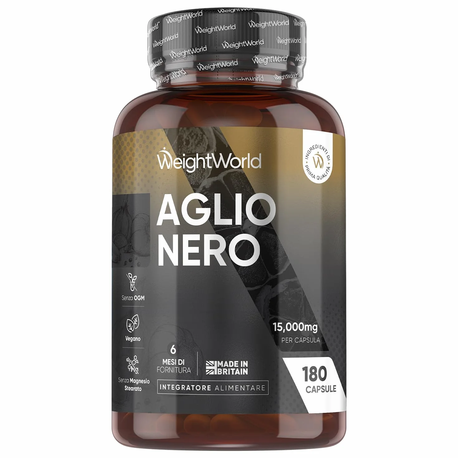 Aglio Nero Fermentato, 6 Mesi di Scorta, Estratto 100:1, 1 Sola Capsula al Giorno, Vegano, 180 Aglio Nero Capsule da 15000mg Ciascuna, da Allium Sativum, Senza Glutine, Senza Magnesio Stearato né OGM