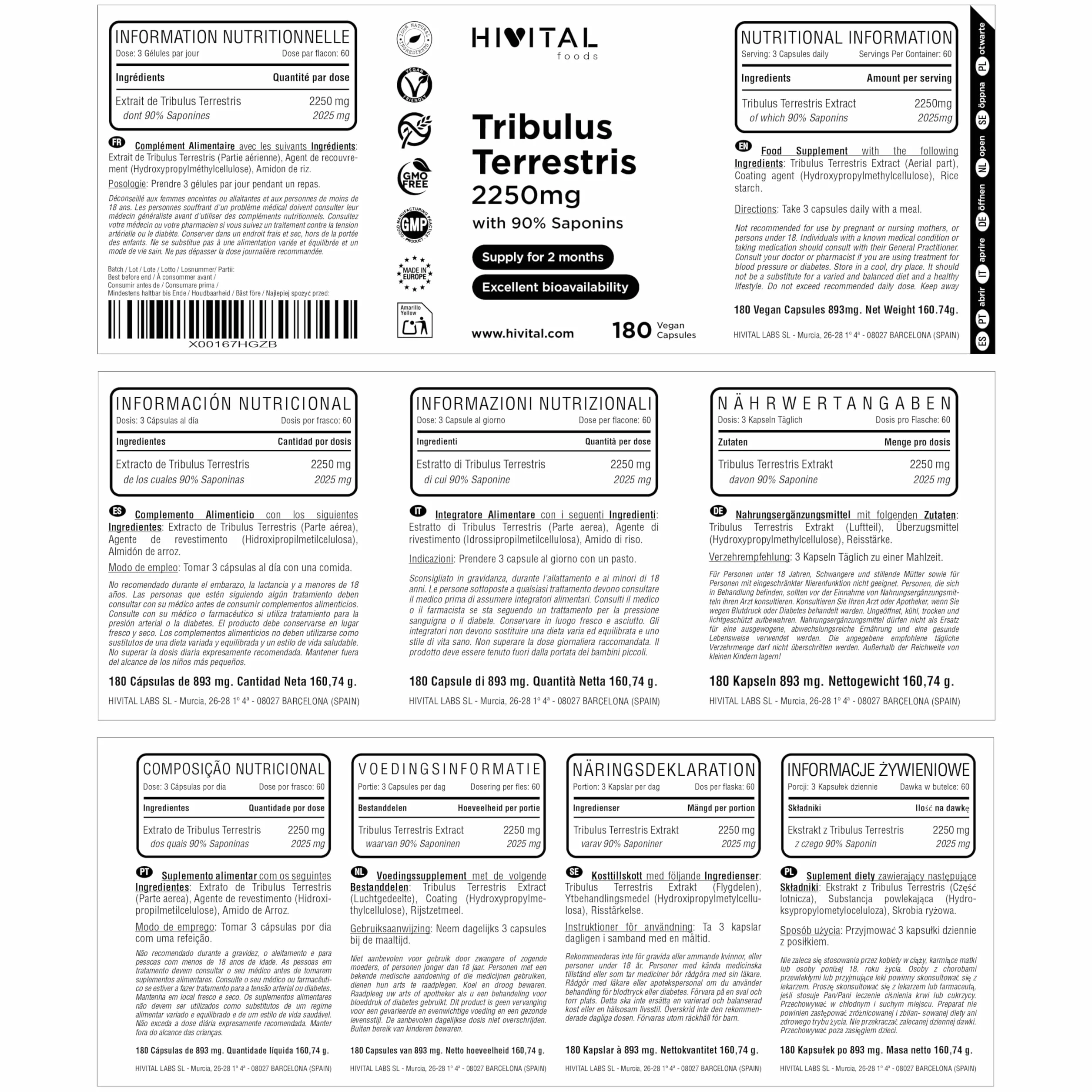 Tribulus Terrestris 2250 mg 180 capsule vegane estratto naturale 90% saponine alto principio attivo HIVITAL