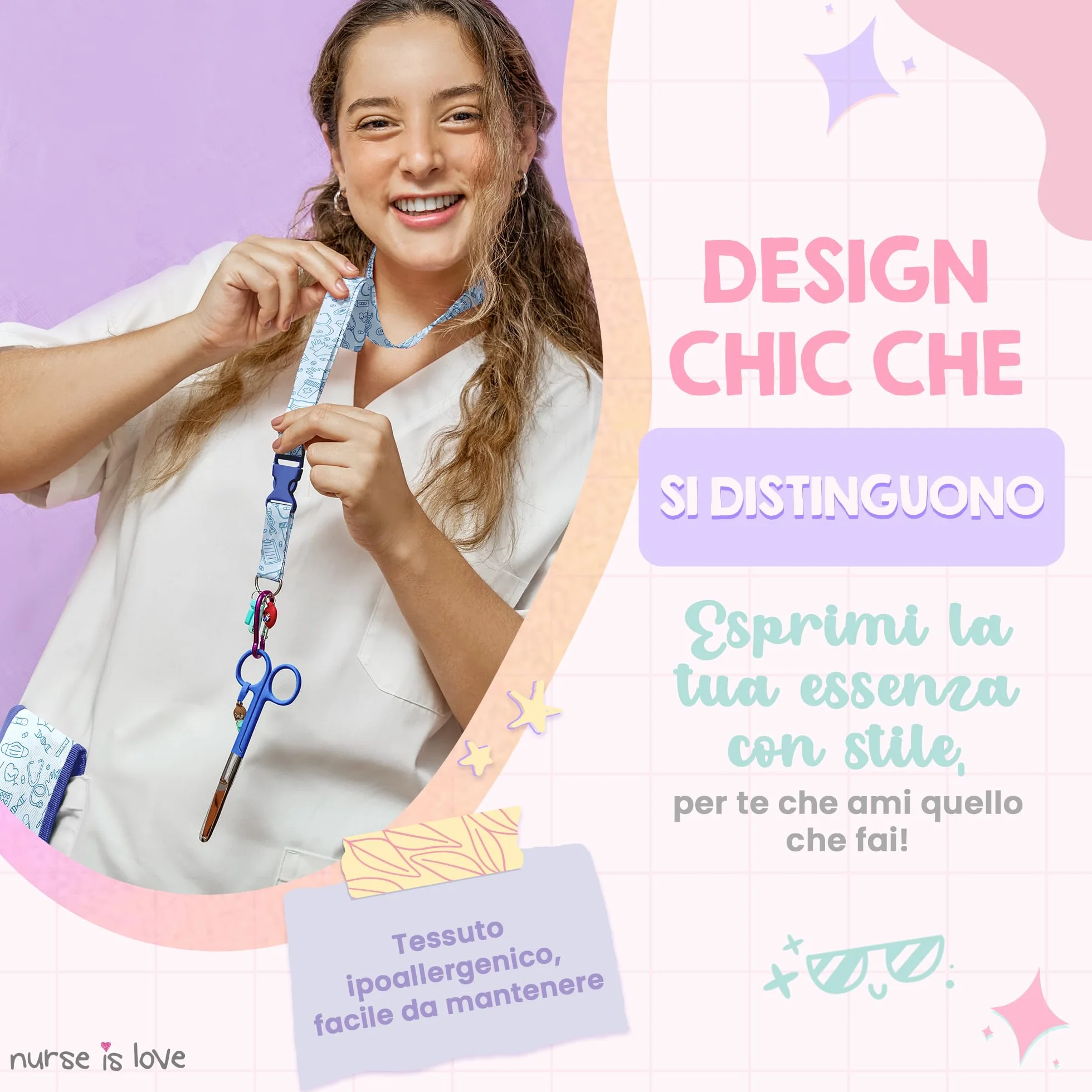Nurse is Love Set Infermiera e TCAE (2 pezzi). | Porta Badge da Collo - Portachiavi Collo + Forbici Infermiere Mayo | Regali Personalizzati - Kit Accessori - BLU