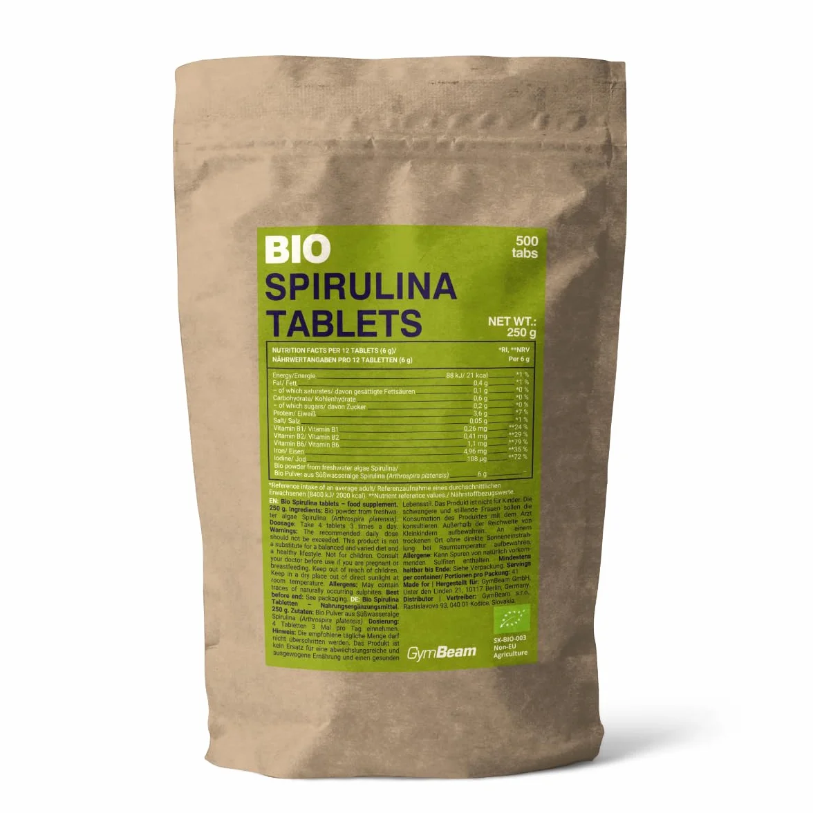 GymBeam Spirulina Bio 500 mg, 500 compresse, Microalga d'Acqua Dolce, Fonte di Proteine, Vegana