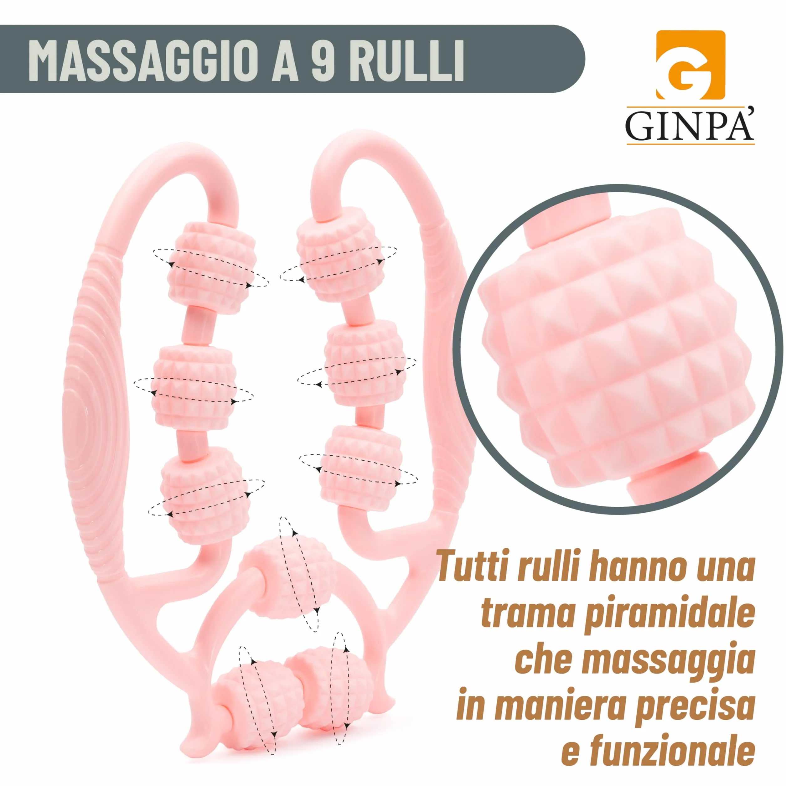 Rullo Anticellulite Manuale a 9 Ruote GINPA' – E-Book incluso - Massaggiatore Gambe, Cosce e Glutei – Massaggio Muscolare Profondo – Forma Ergonomica in ABS Resistente – Anti-Lividi, Facile da Usare