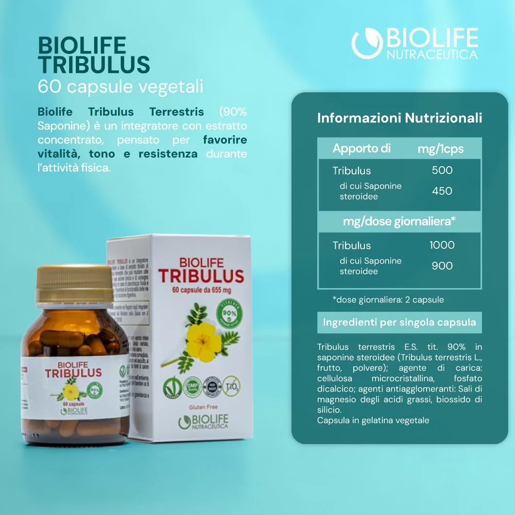 BIOLIFE Tribulus Terrestris 60 capsule 655 mg Titolato 90% Saponine Attive Prodotto Veganok integratore testosterone uomo