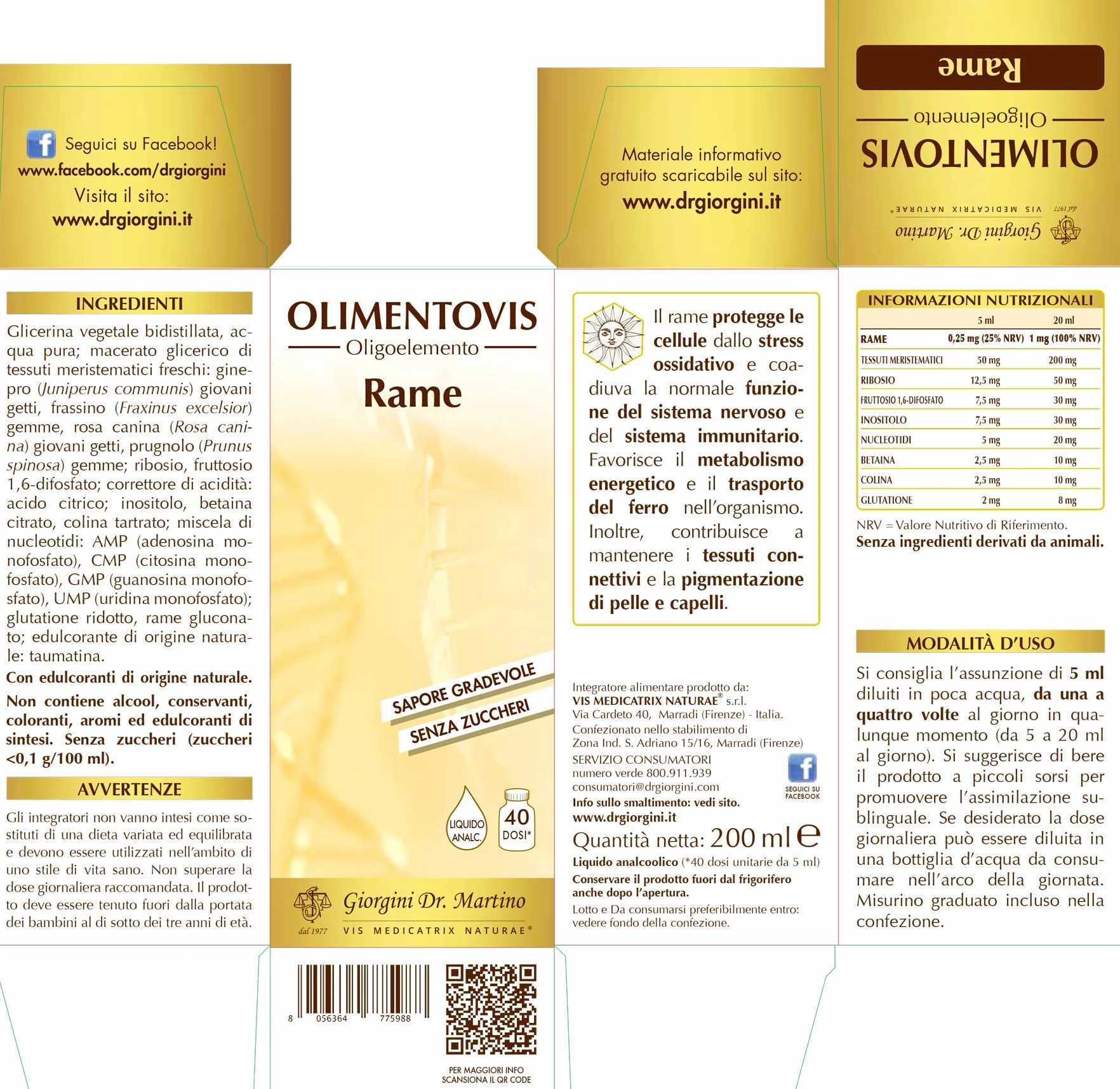 Dr Giorgini Integratore Alimentare, Rame Olimentovis Liquido Analcoolico - 200 ml