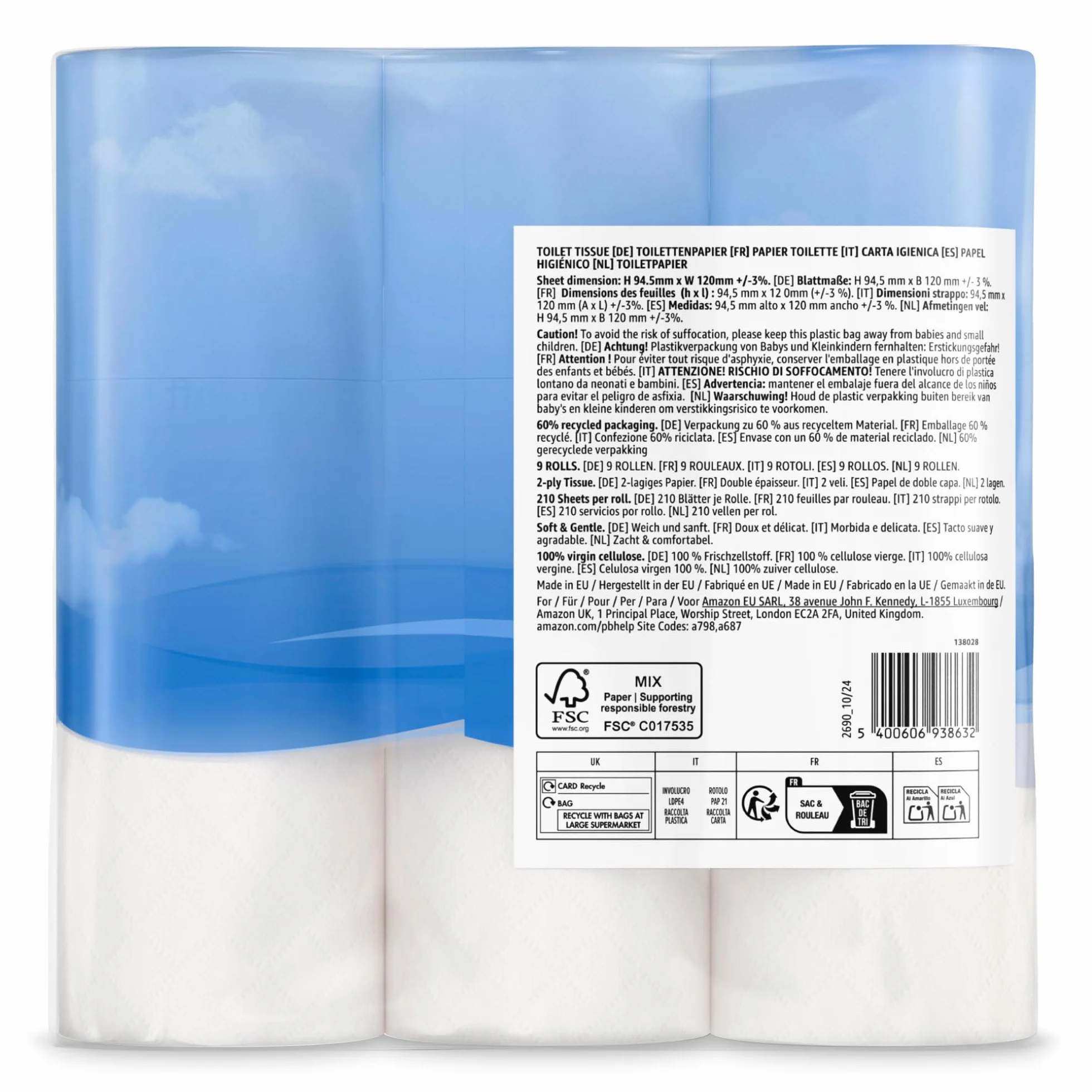 by Amazon Carta Igienica Morbida 2 Veli 9 Rotoli 210 strappi FSC