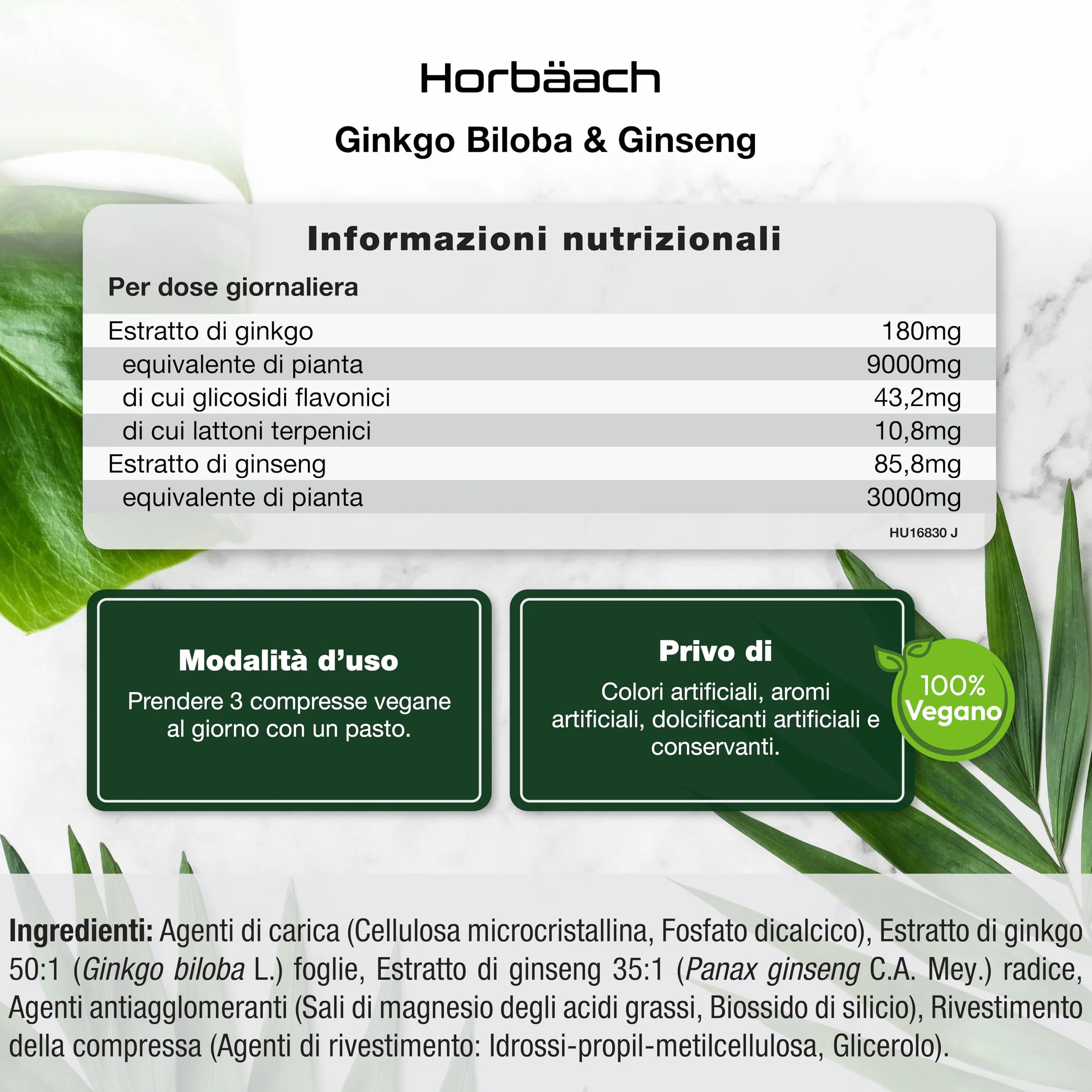 Ginkgo Biloba e Ginseng Integratore 12000mg | 180 Compresse Vegane | Ginkgo 9000 mg e Radice di Ginseng Coreano 3000 mg | di Horbaach