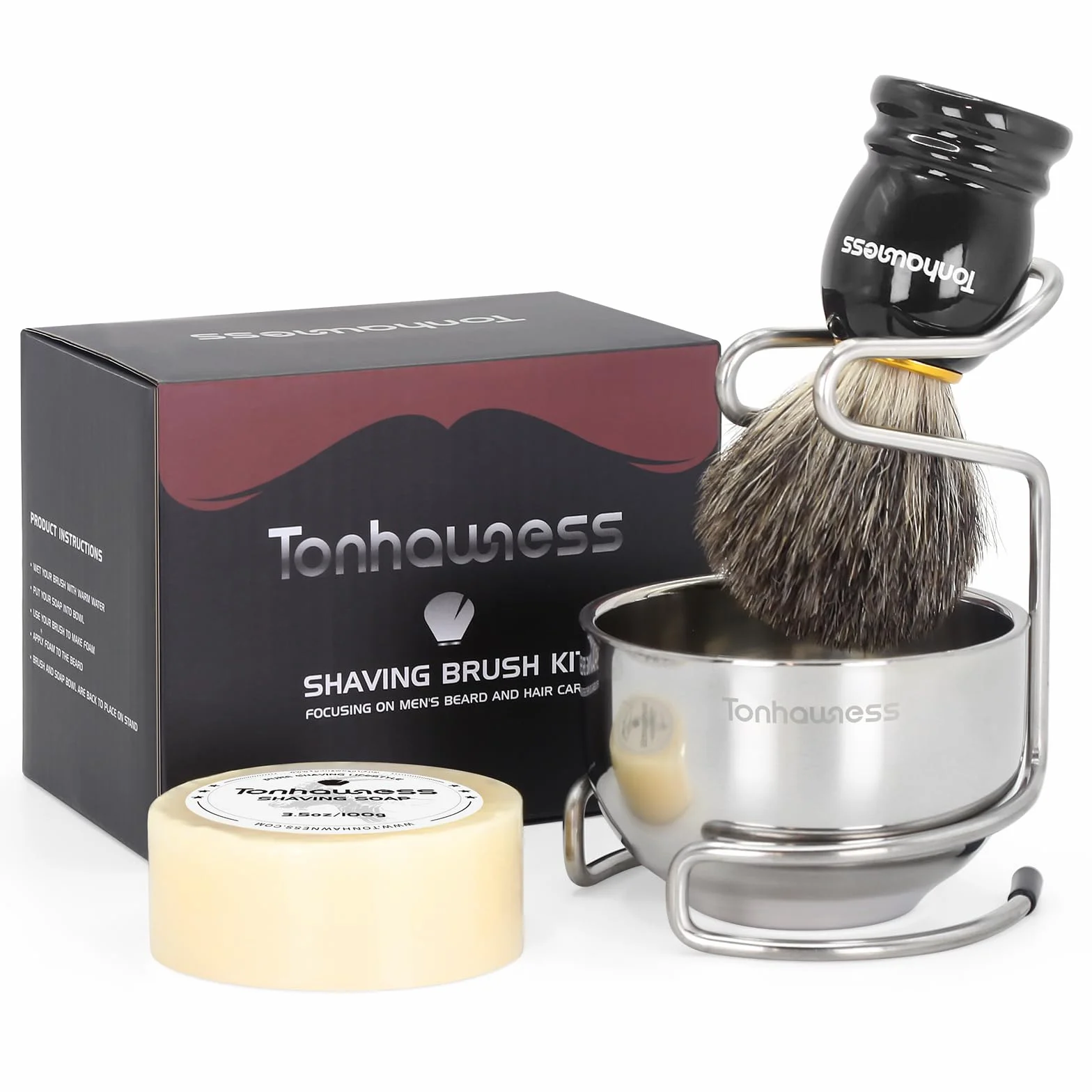 Kit Pennello da Barba per Uomo, Set di Pennelli da Barba 4 in 1 Include Pennello da Barba in Pelo di Tasso, Ciotola e Supporto da Barba in Acciaio Inossidabile e Sapone da Barba per Regalo