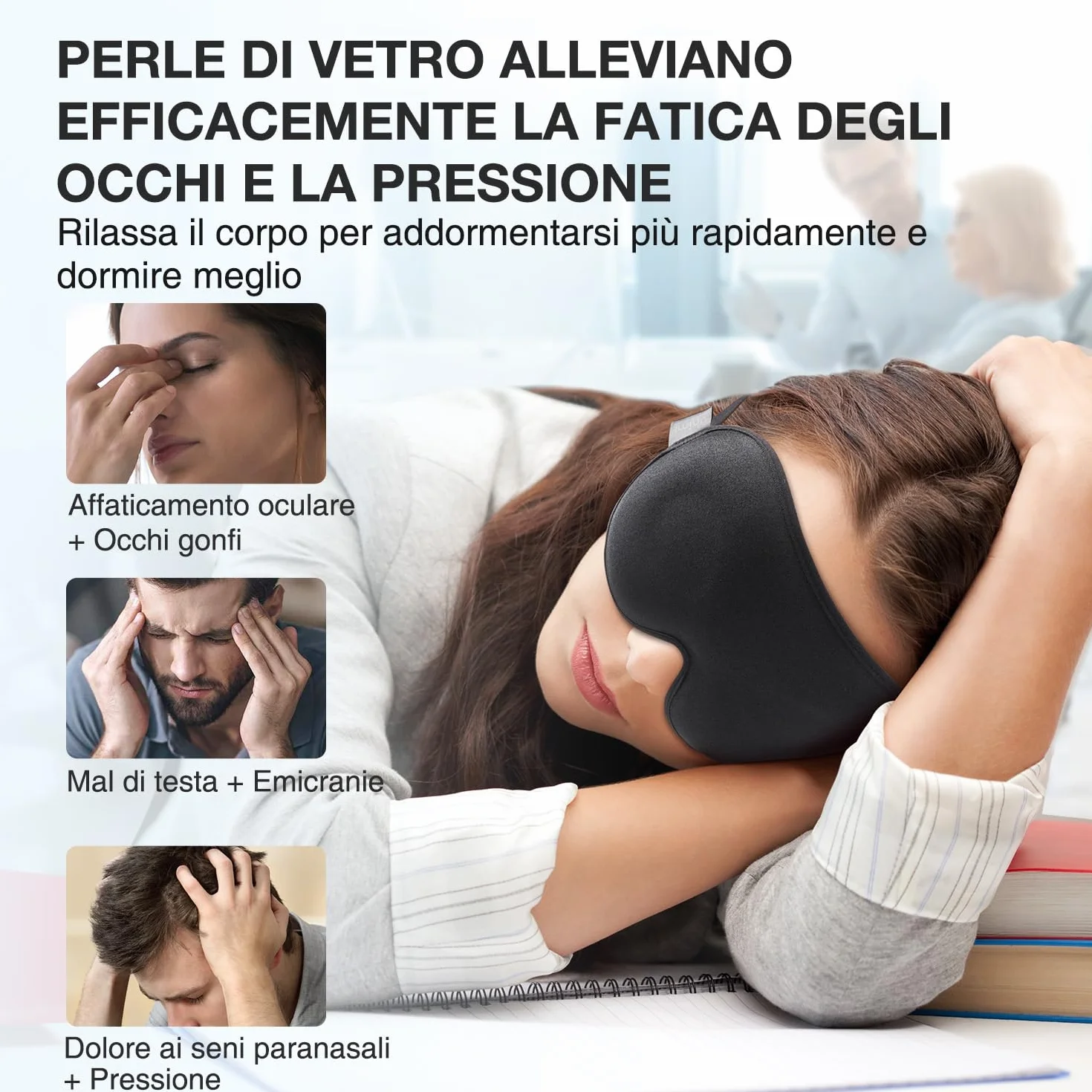 Umisleep 2026 Maschera per dormire ponderata per uomo e donna, 3D per alleviare la pressione, 100% con cinturino regolabile per viaggi, yoga, 120 g, Nero