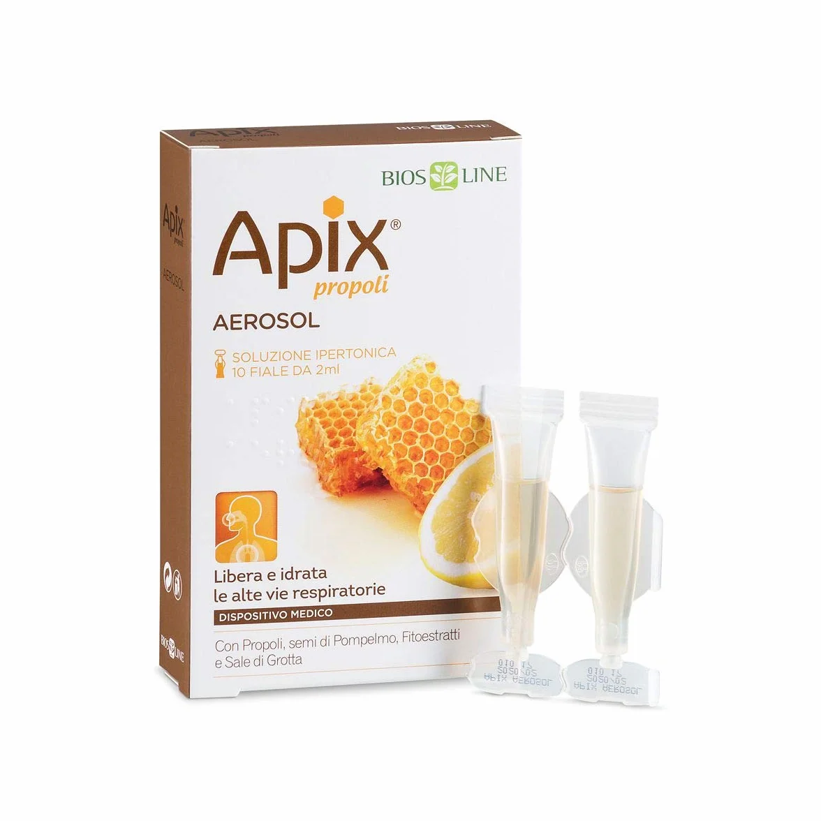 BIOS LINE Apix Propoli Aerosol Dispositivo Medico CE con Propoli naturale e Semi di Pompelmo Monodose 10 fiale da 2 ml