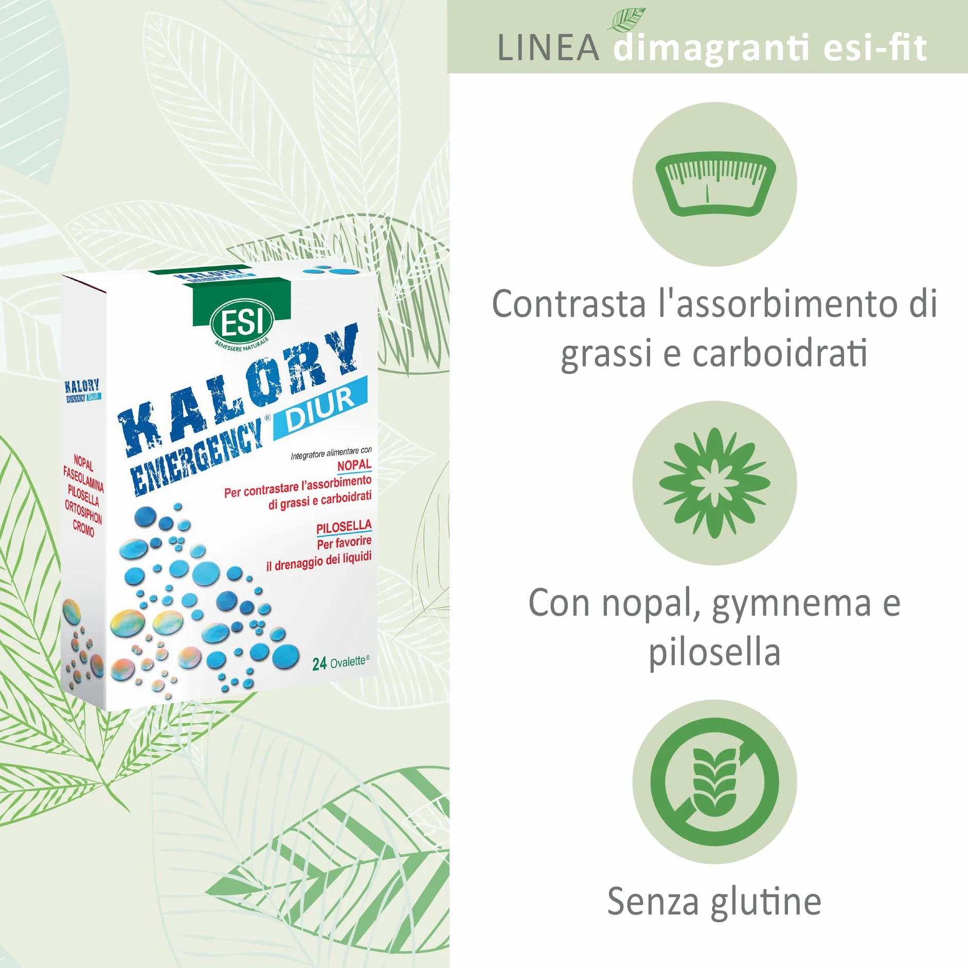 ESI Kalory Emergency Diur Integratore Alimentare Con Nopal E Pilosella, Drenaggio Liquidi, Senza Glutine, 24 Ovalette
