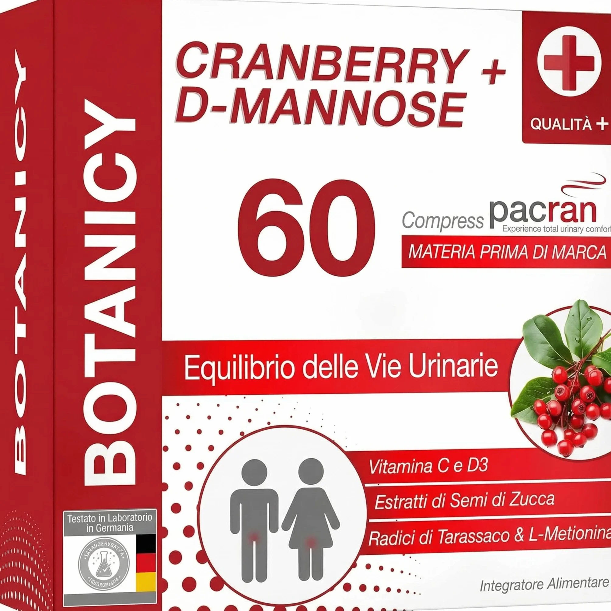 Botanicy MIRTILLO ROSSO + D-MANNOSIO - 60 compresse - supporta vescica & vie urinarie - pacran® polvere di mirtillo rosso, vitamina C e D3, estratto di semi di zucca & radice di tarassaco