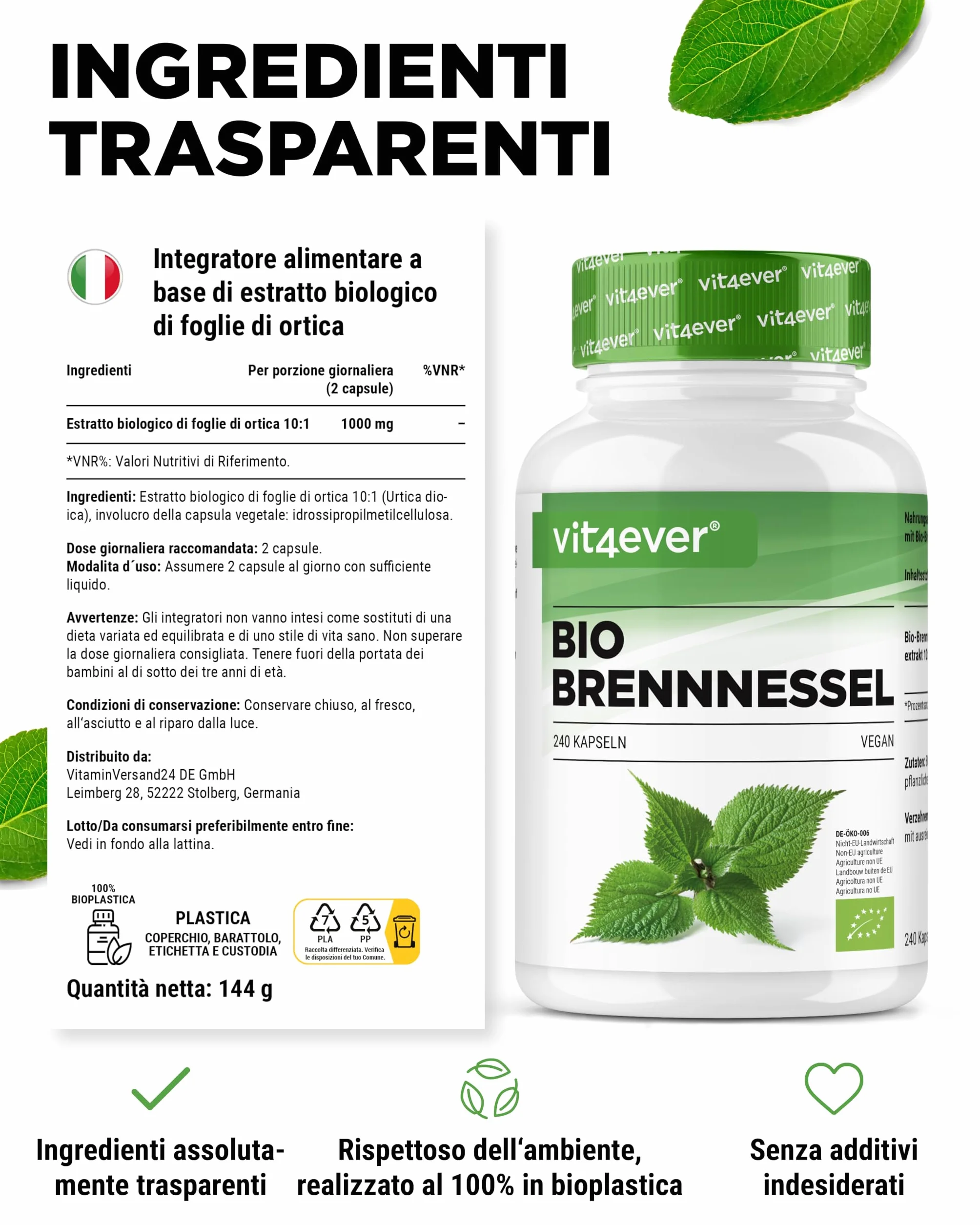 Ortica biologica 240 capsule 1000 mg per dose giornaliera Estratto 10:1 Vegan