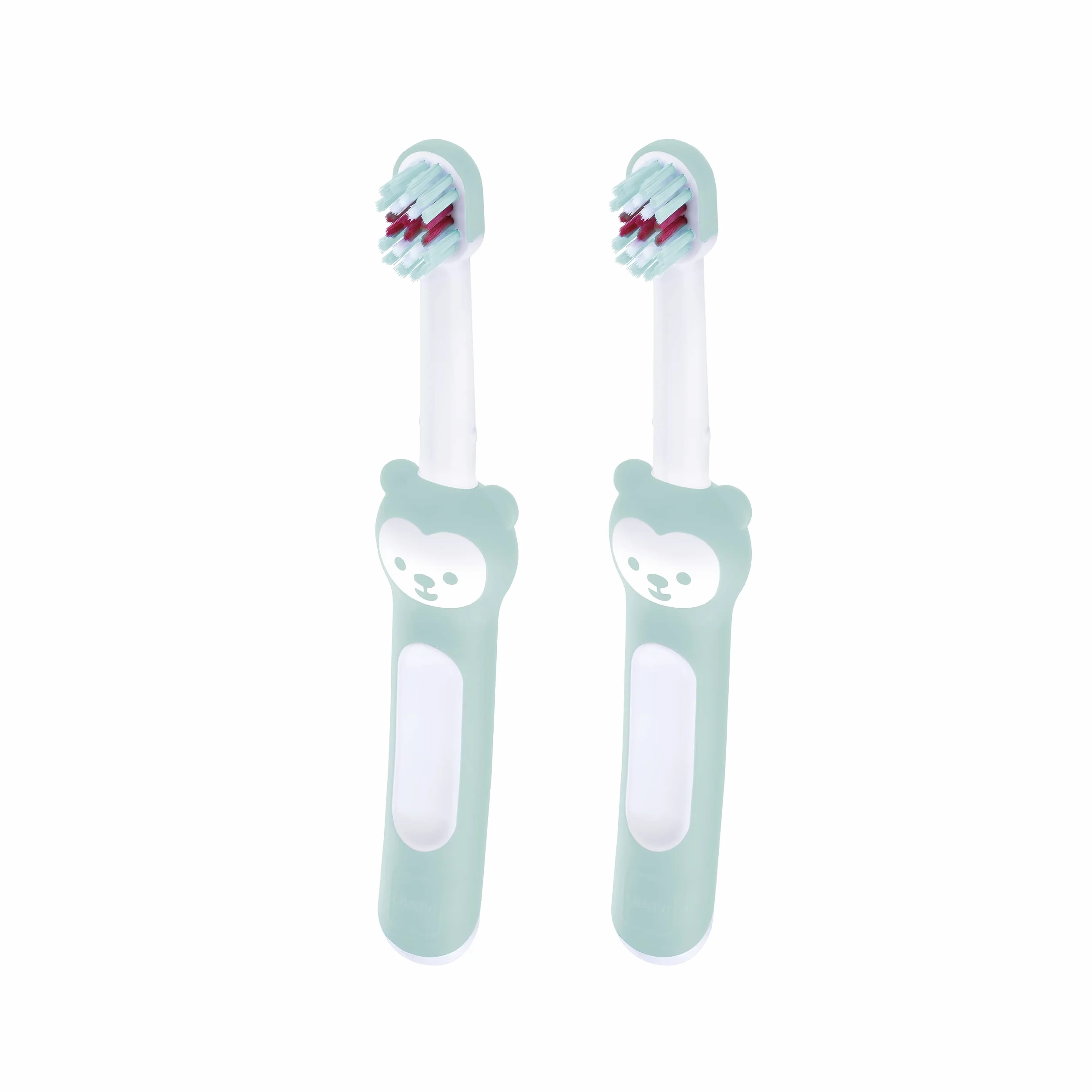 MAM Baby's Brush - Set di 2 spazzolini da denti per bambini, con manico corto, per una facile manutenzione, per la pulizia dei denti, a partire dai 6 mesi, colore: Turchese