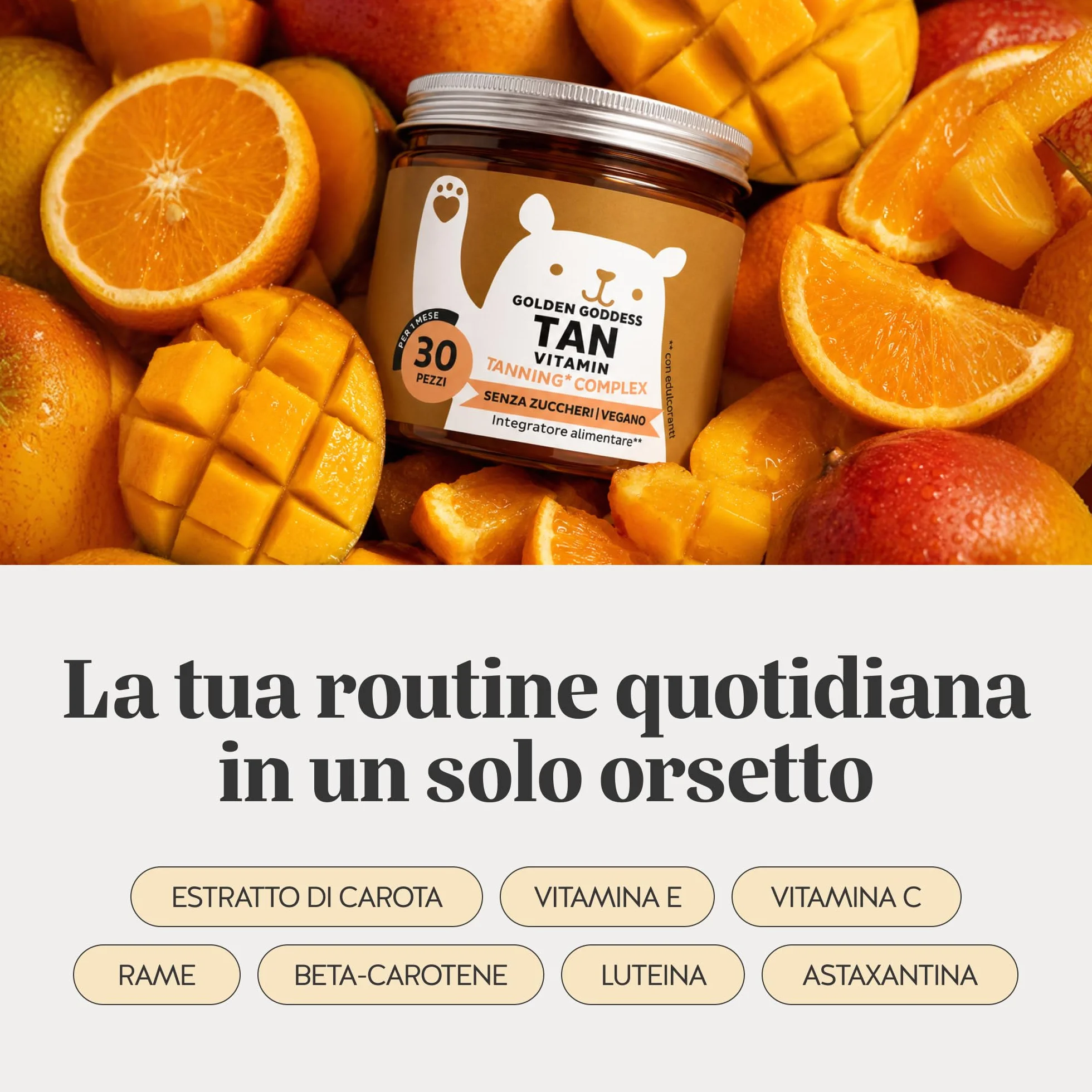 Golden Goddess Tan Vitamin Caramelle Gommose 30 pezzi - Complesso Abbronzante con Vitamina C, E, D, Betacarotene e Rame - Senza Zucchero, Vegano