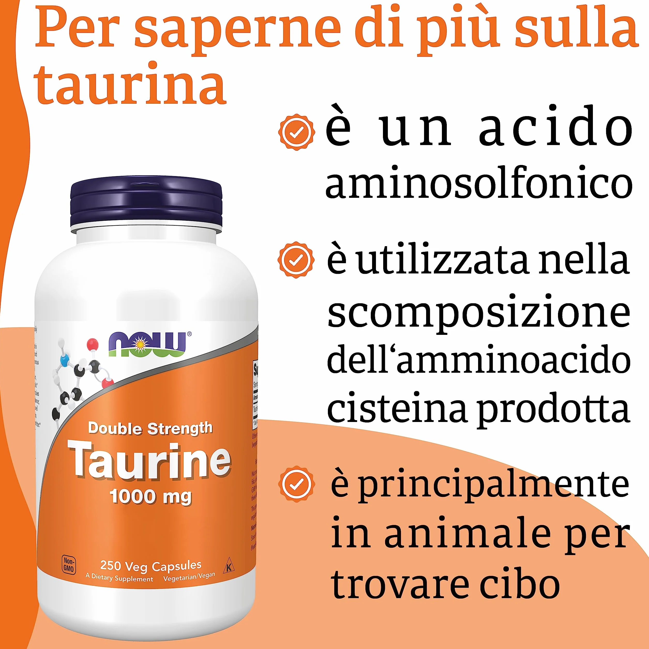 Now Foods Double Strength Taurine 1000mg 250 Capsules Vegan