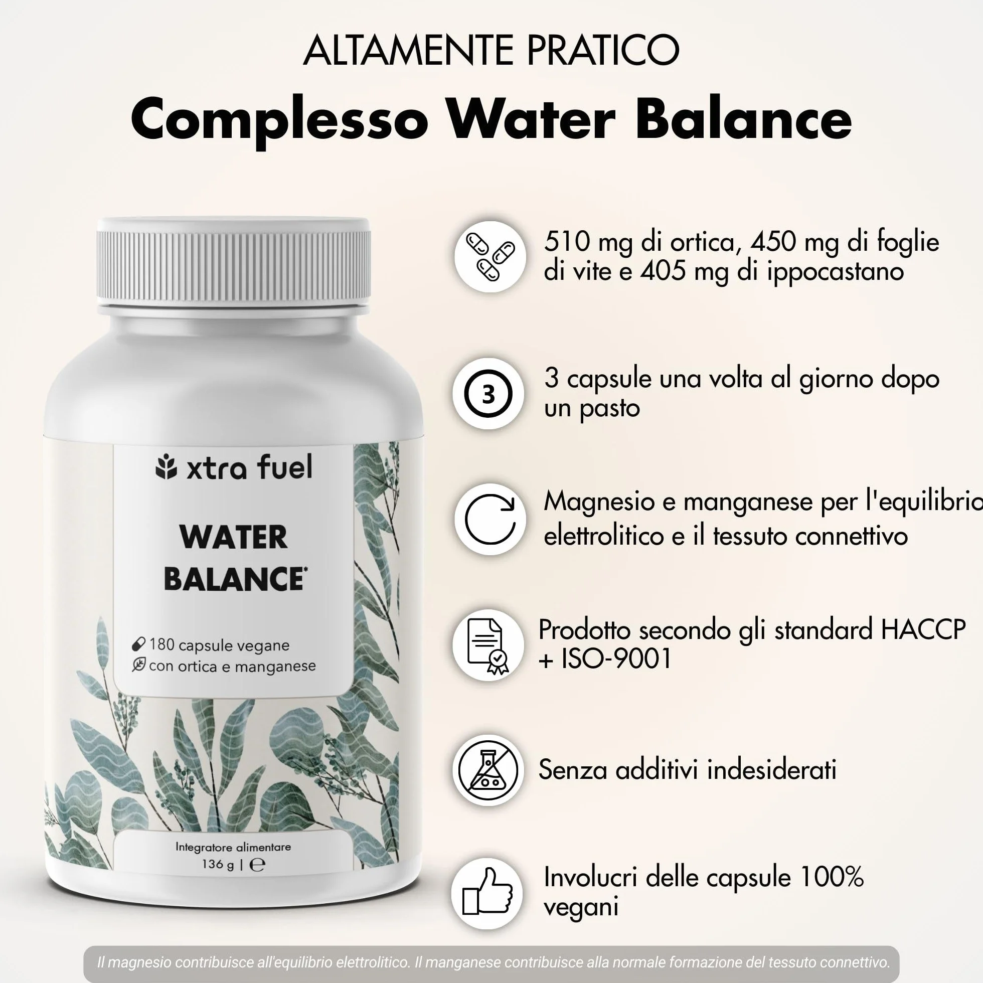 Complesso Water Balance 180 compresse vegane ortica foglie di vite rossa ippocastano magnesio manganese