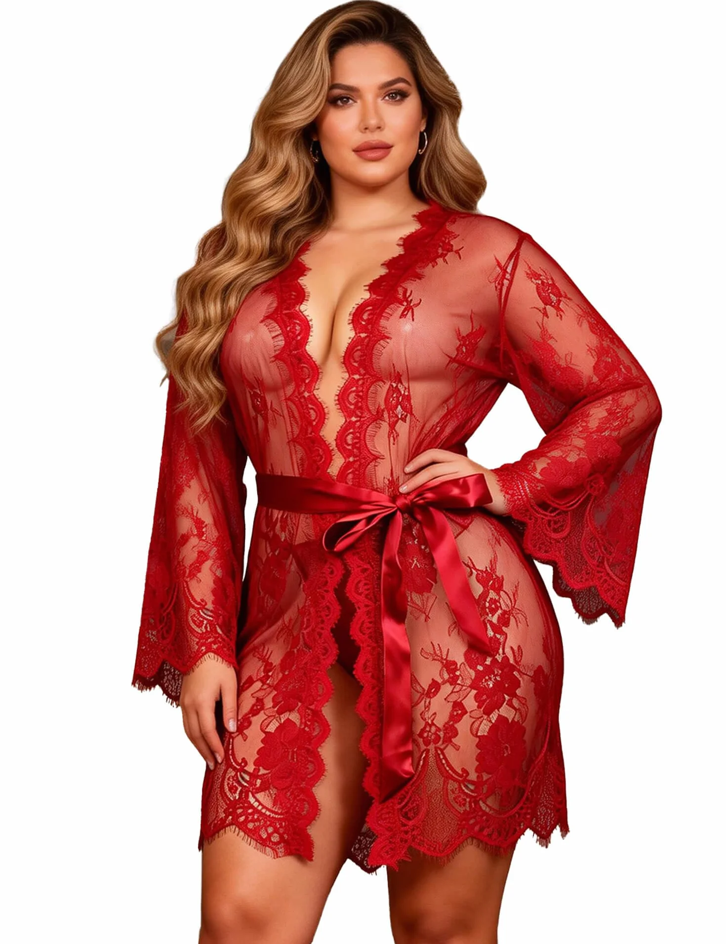 Vestaglia Donna in Pizzo con Cintura Scolla V Floreale Estiva Kimono Babydoll