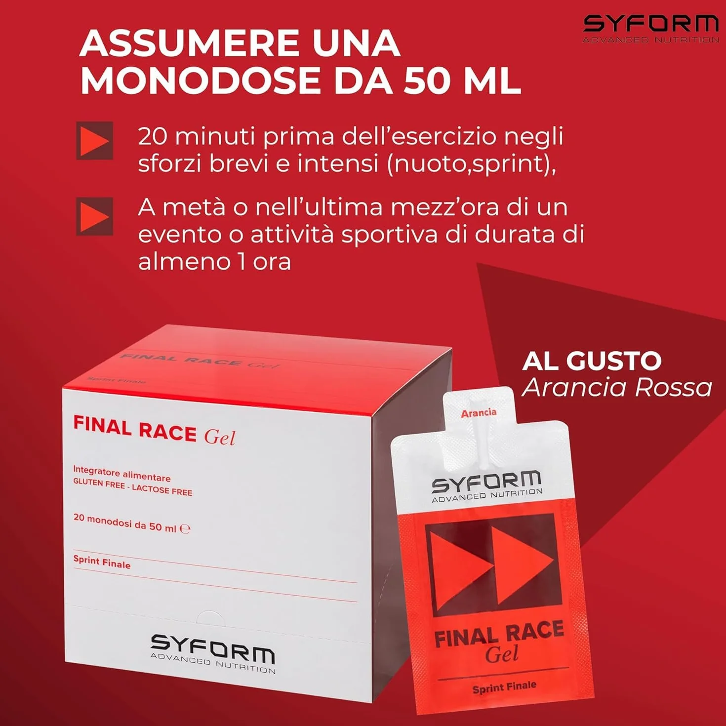 FINAL RACE GEL, Energia fulminea per lo sprint finale - Carbo 1:0,8, Con Esafosfina, Acetilcarnitina e beta-Alanina, Contrasta l’acidosi muscolare, Senza Glutine, Senza Lattosio, EXPO 20 GEL ARANCIA