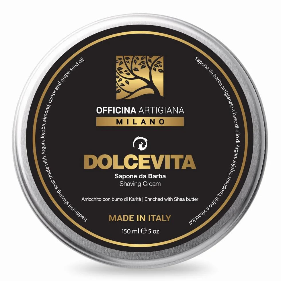 Officina Artigiana Milano Sapone da Barba Dolcevita 150ml – Sapone Artigianale da Rasatura con Burro di Karité, Argan, Jojoba – Made in Italy – Texture Ricca e Protettiva