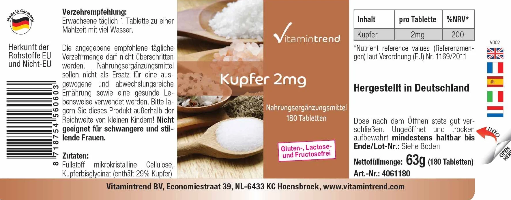 Vitamintrend rame 2 mg, 180 compresse, facili da deglutire, integratore alimentare vegano senza magnesio stearato, prodotto in Germania
