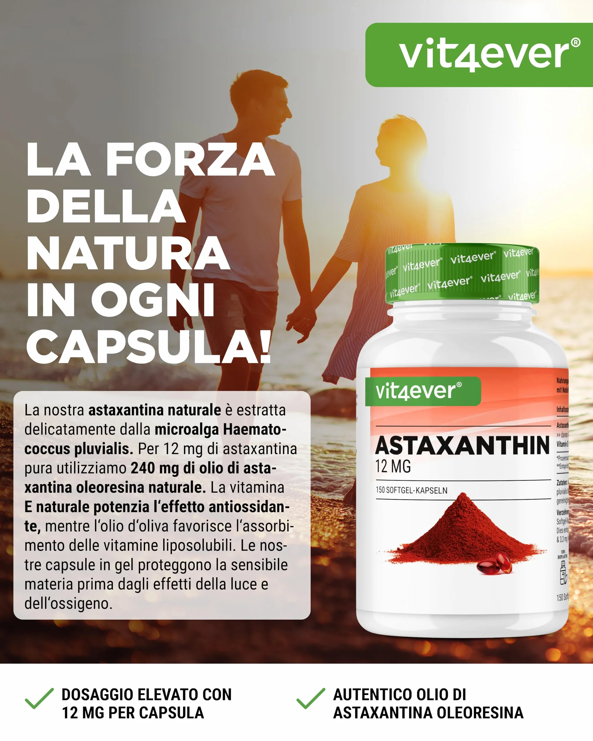 Astaxantina 12 mg 150 capsule softgel - Premium da Haematococcus pluvialis con vitamina E e olio d'oliva