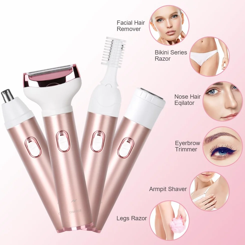 ACWOO Rasoio Elettrico Donna, 4 in 1 Epilatore Senza Fili, Ricaricabile Epilatore viso, Depilatore Donna Multifunzione a Secco e Bagnato per Una Rasatura Delicata e Accurata, Impermeabile