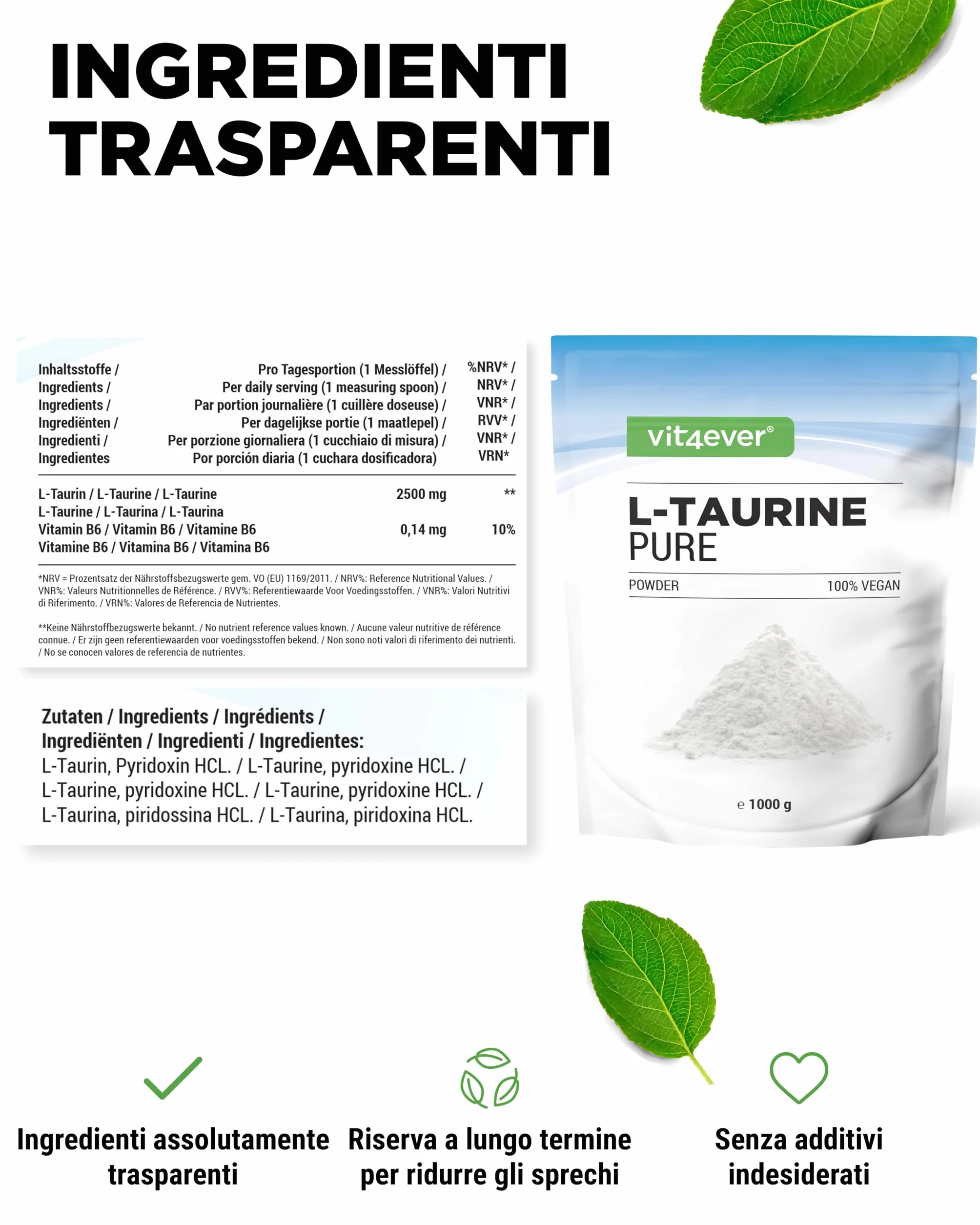 Polvere di L-Taurina 1000 g (1 kg) Vegano Purezza 99%
