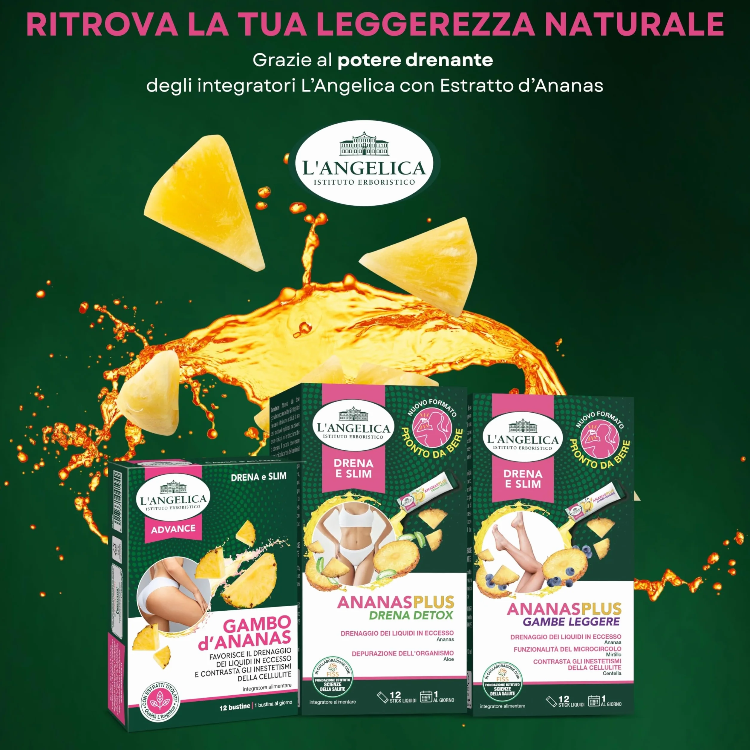 L'Angelica Ananas Plus Gambe Leggere Integratore Drenante Circolazione Anti Cellulite 12 Stick Liquidi