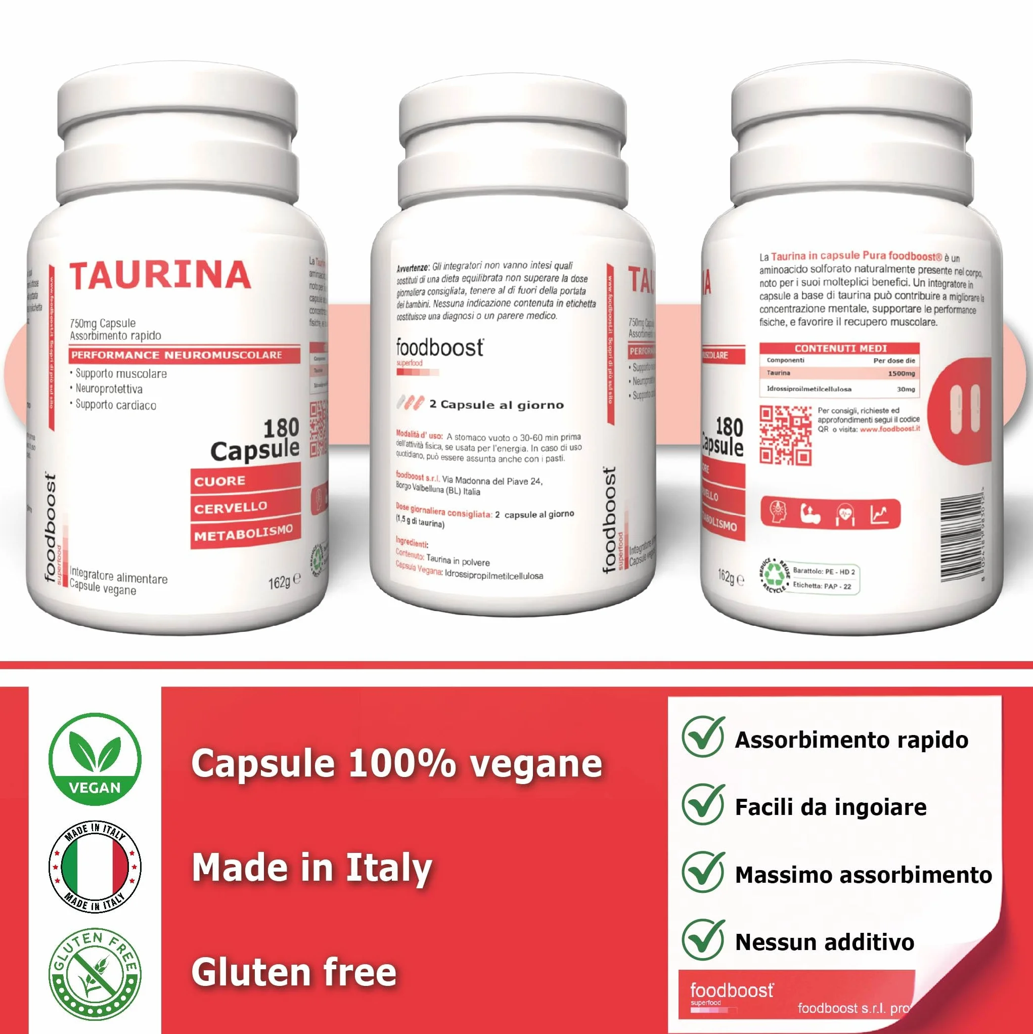 foodboost Taurina 750 mg - 180 Capsule Vegane (3 Mesi) - Integratore Energetico pre workout/post workout, Antiossidante, Supporto Benessere Cardiaco e Muscolare - Assorbimento rapido - Ø additivi