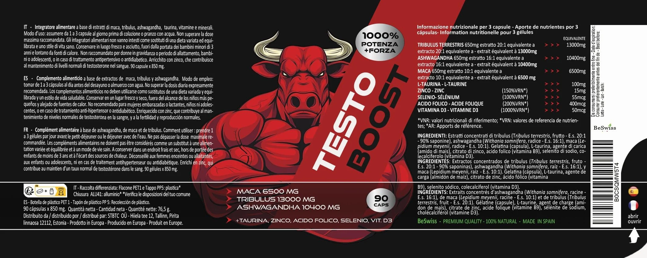 Maca 6500mg, Ashwagandha 10.400m,g Tribulus 13.000mg + Taurina, Zinco e Selenio | Alto Dosaggio, 120 Capsule