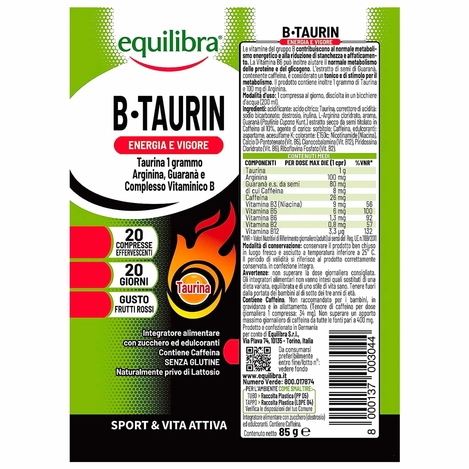 Equilibra Integratore per lo Sport B-Taurin Effervescente con Taurina Arginina e Guaranà per Tono ed Energia Con Caffeina Senza Glutine - 6 Tubetti da 20 Compresse