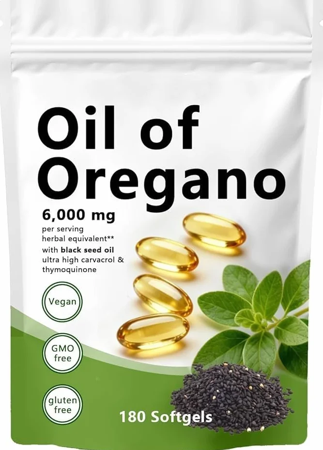 Olio di origano Softgels 180 conteggi 2 in 1 con olio di semi neri carvacrolo timochinone senza glutine non OGM