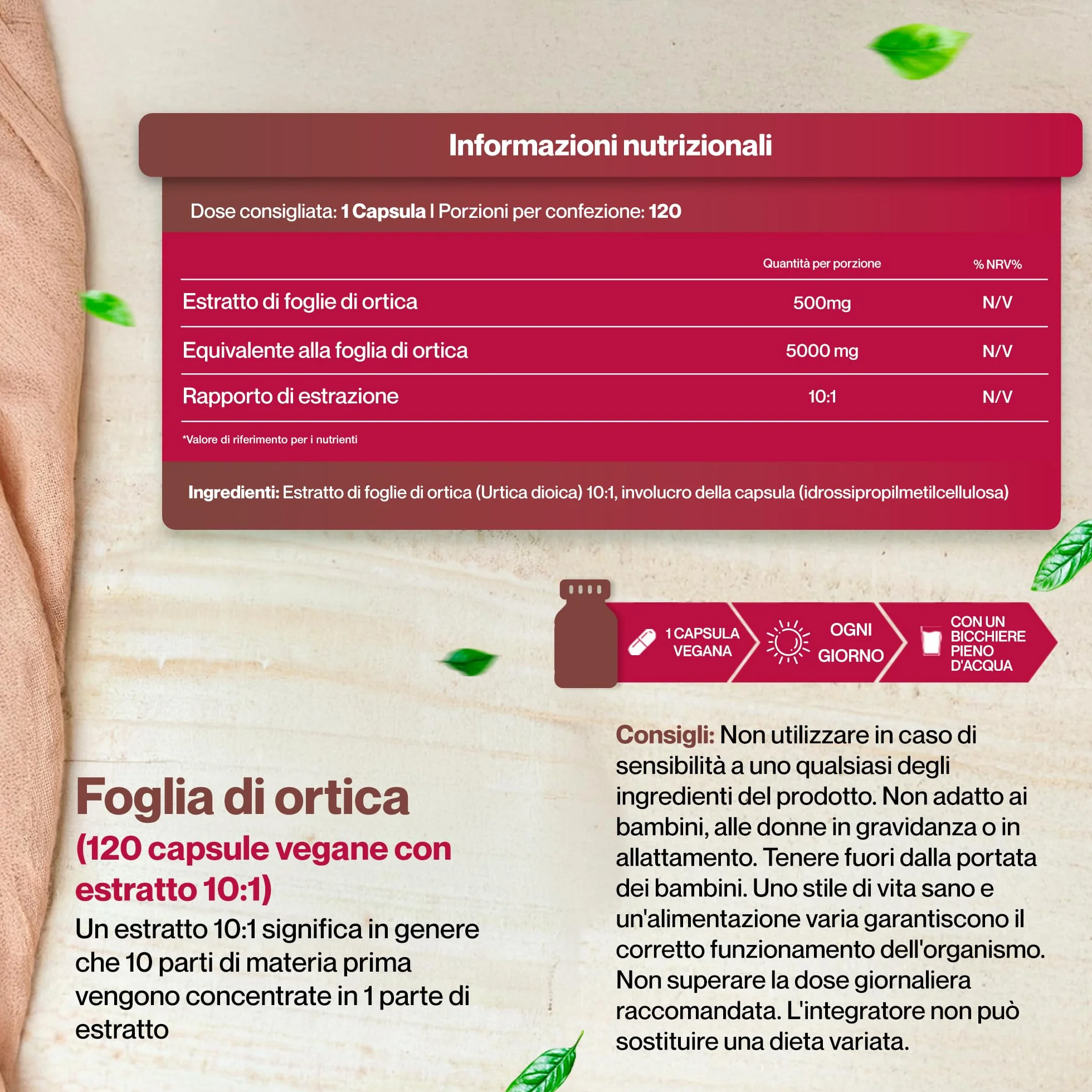Hepatica Foglia di Ortica 5.000 mg Estratto Concentrato 10:1 120 Capsule Vegane