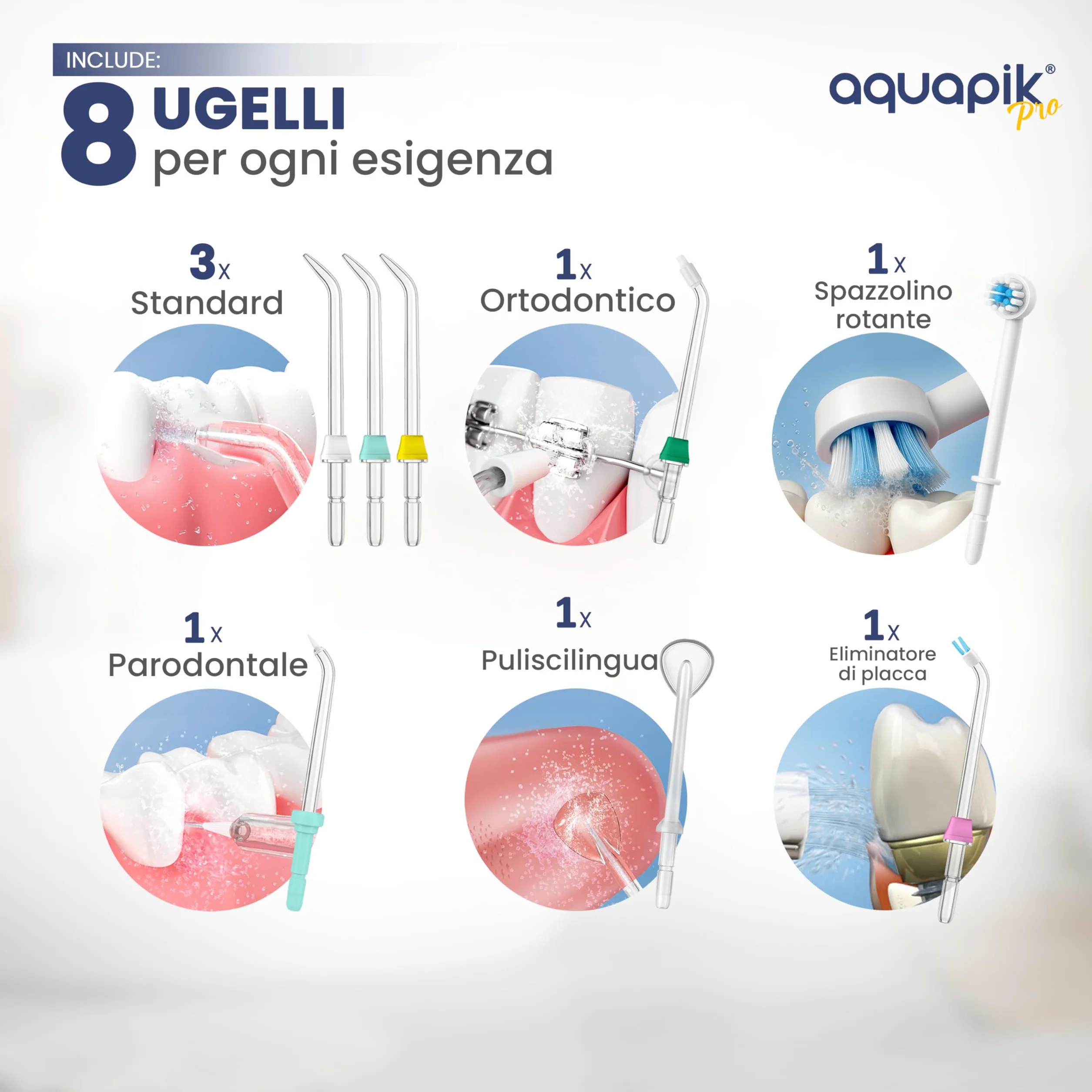 Aquapik PRO Idropulsore Dentale da Tavolo, Irrigatore Orale 600 ml con 8 Ugelli e 10 Livelli di Pressione, Ugello Rotante 360°, per Pulizia Interdentale, Apparecchi e Impianti, Bianco