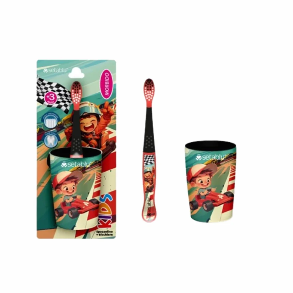 Setablu Set Spazzolino da Denti per Bambini con Portaspazzolino, Tema Pilota Corse Auto, +3 Anni con bicchiere incluso