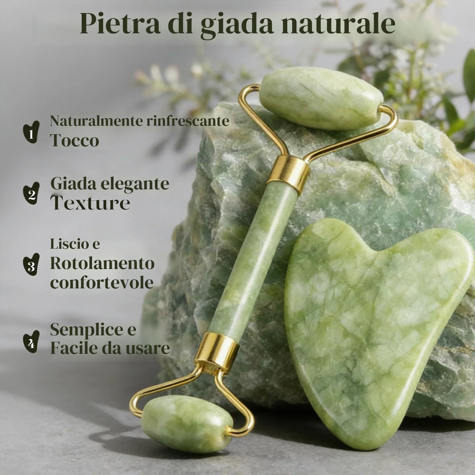 BAIMEI Gua Sha e Rullo di Giada per il Viso, Massaggiatore Lifting Viso e Guasha per il Corpo