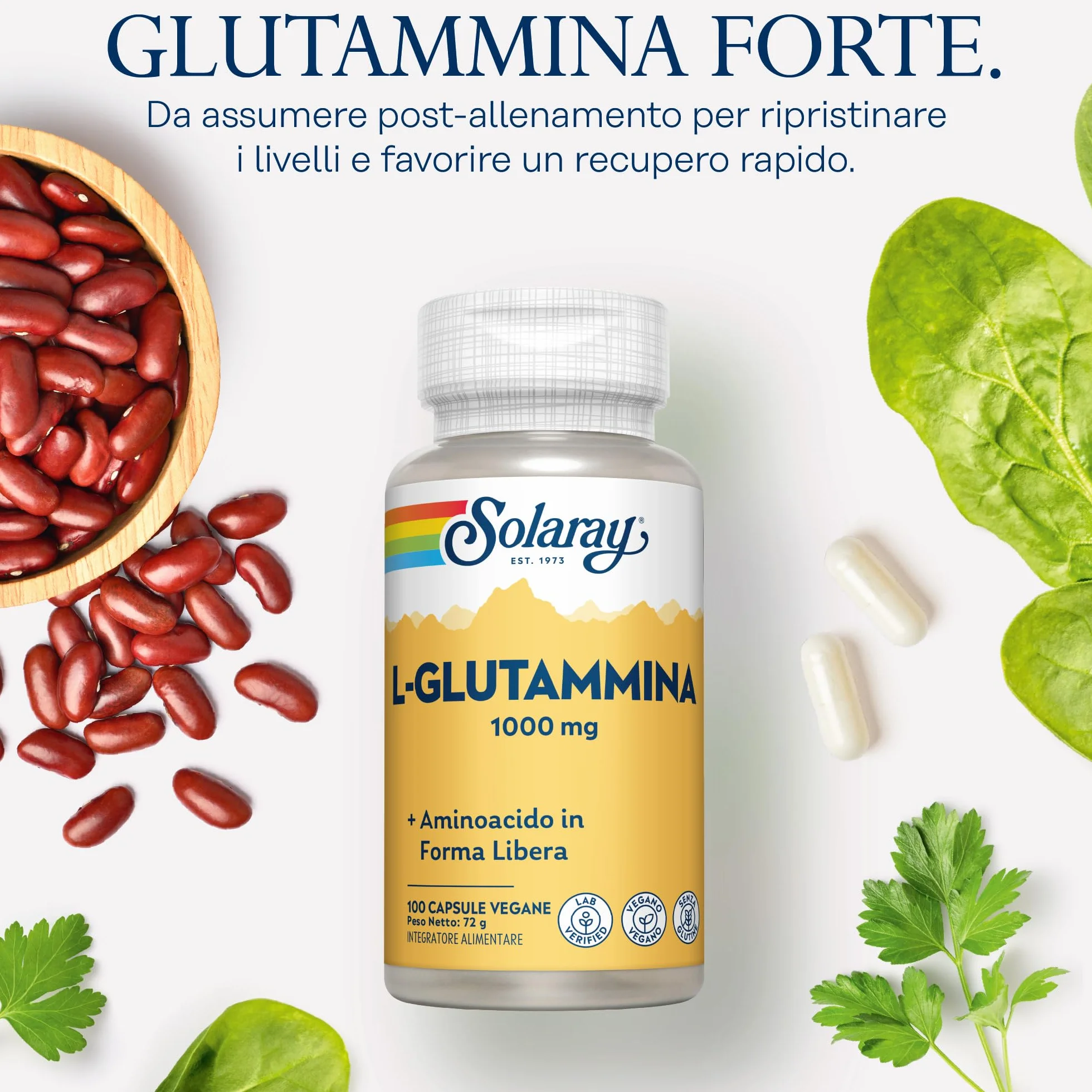 Solaray Glutammina 1000mg - 100 Capsule Vegane - 500mg di L-Glutammina per Capsula - Aminoacido di Alta Qualità - Integratore Pre Allenamento - Testata in Laboratorio