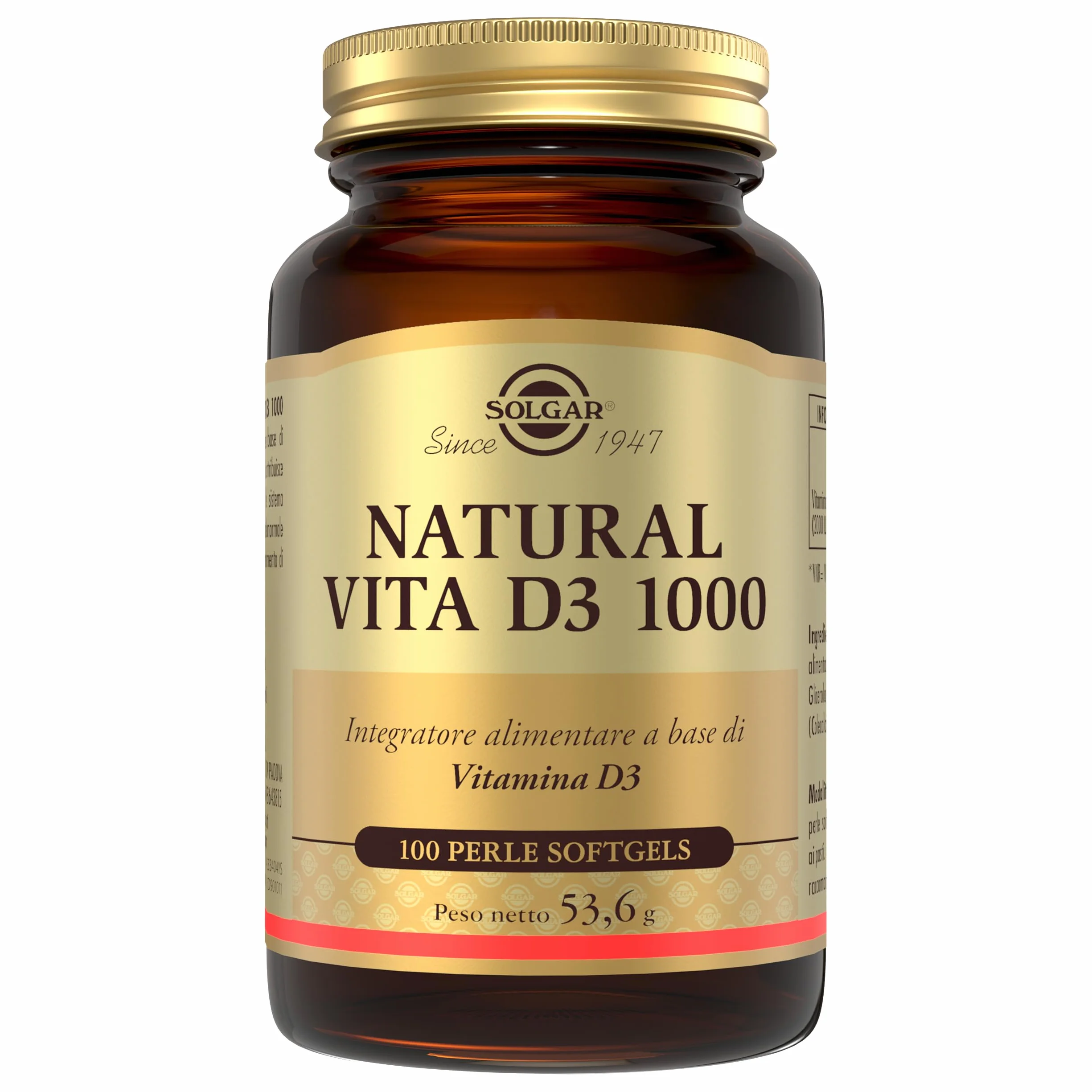 Solgar NATURAL VITA D3 1000 – Vitamina D3 naturale da olio di fegato di pesce, 1000 UI, 100 perle softgel