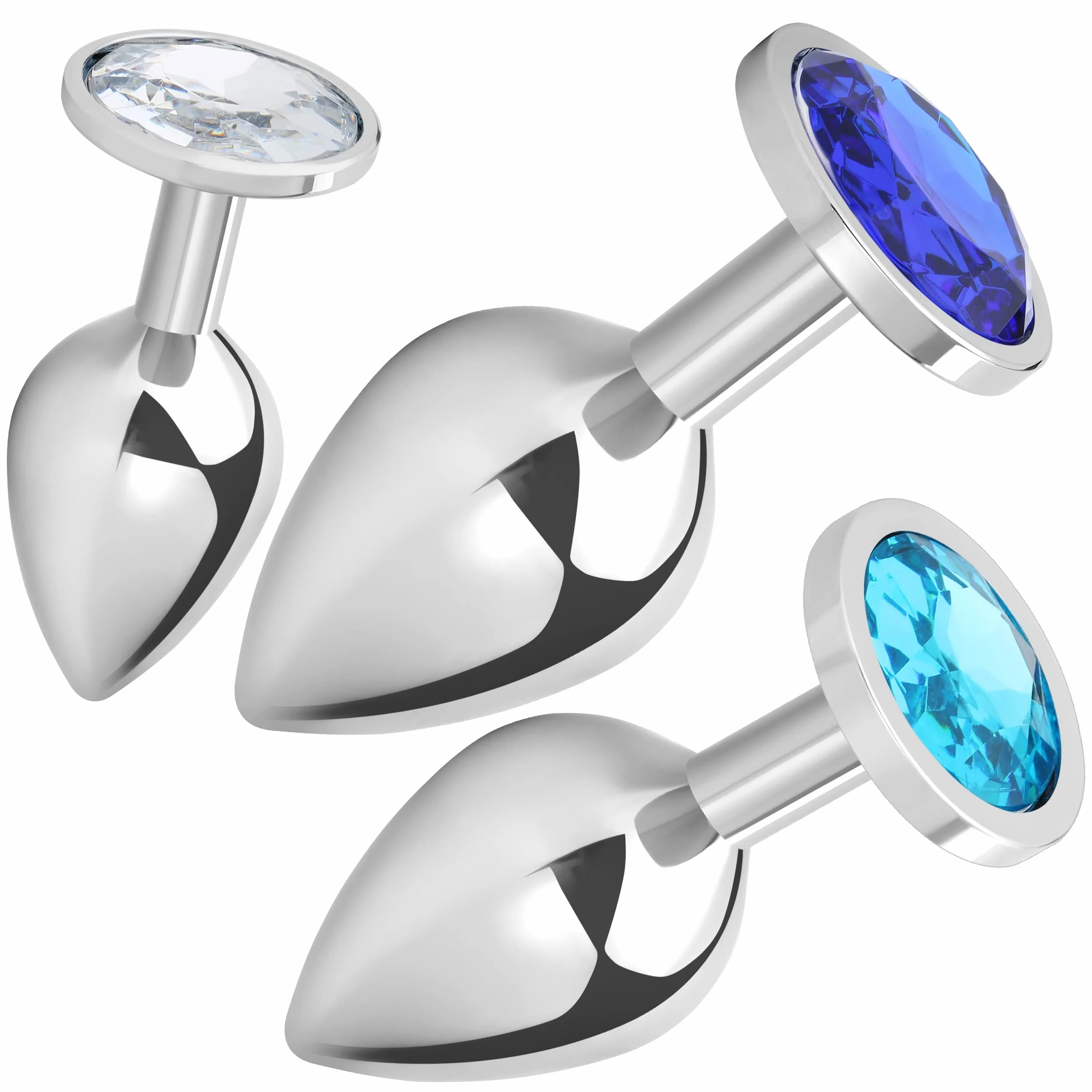 3x Plug Anale Metallo | Butt Plug Cristallo Blu | Puro Piacere in 3 Taglie per Donna, Coppia, Uomo | Giocattoli Anali Argento