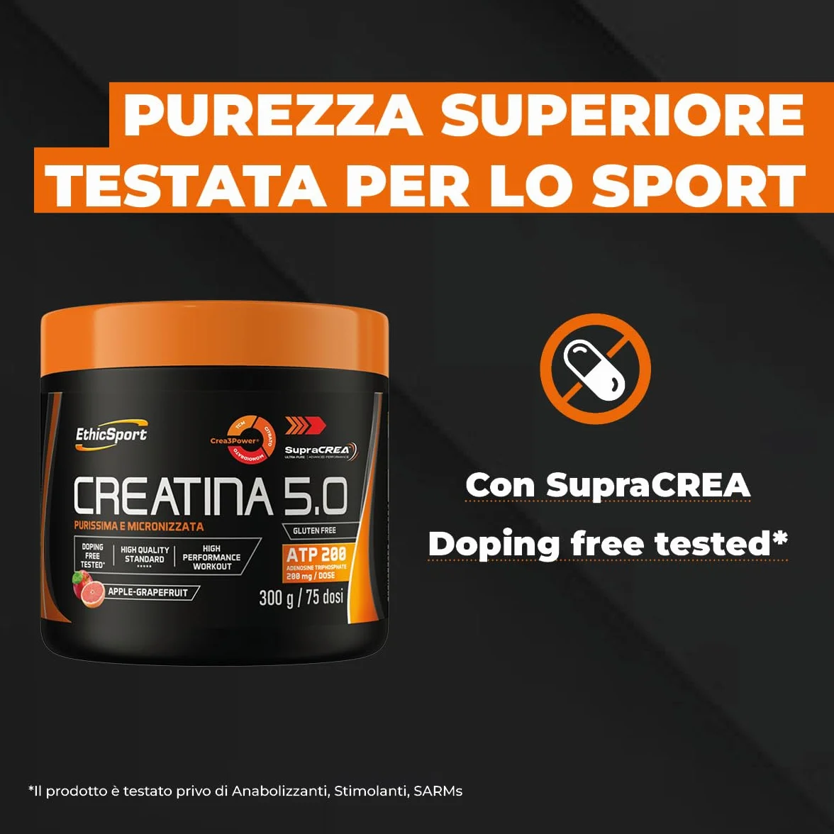 EthicSport CREATINA 5.0 – Creatina evoluta a base di SupraCREA®, con Crea3Power e ATP 200mg – Incrementa le prestazioni fisiche in attività brevi e intense** – doping free tested – 300g