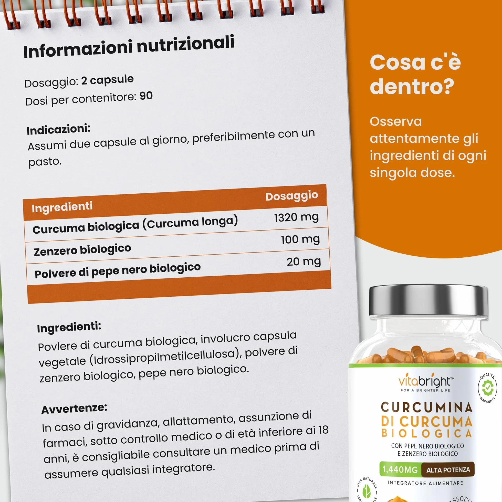 Bio Curcuma Capsule 1440 mg 180 Capsule Integratore Alimentare Biologico VitaBright Curcuma Longa Complex
