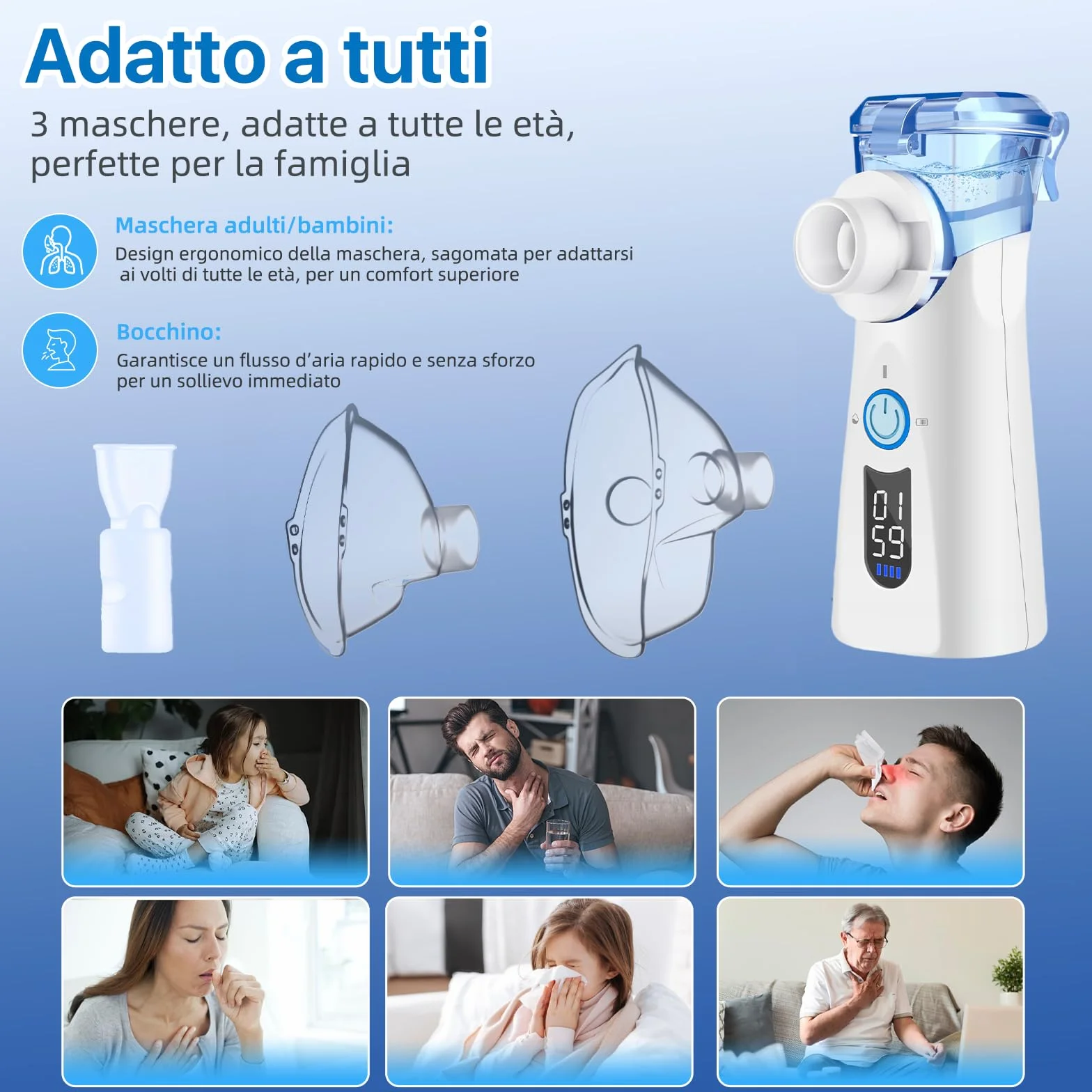 Aerosol Portatile a Ultrasuoni con Ricarica USB-C Nebulizzatore Elettrico Compatto per Adulti e Bambini