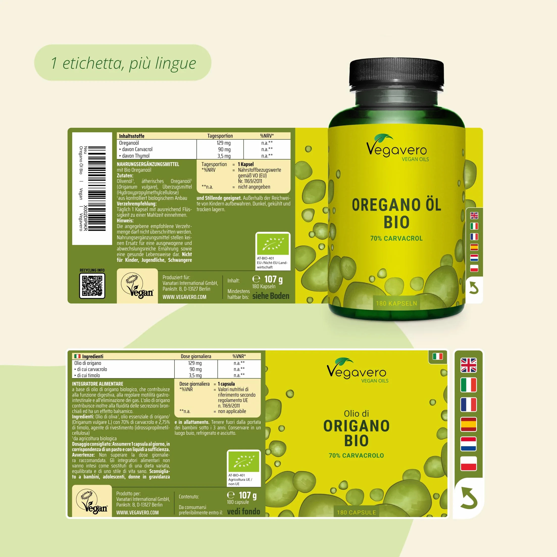 Olio di ORIGANO BIO Vegavero® 70% Carvacrolo 2,5% Timolo 180 capsule Vegan