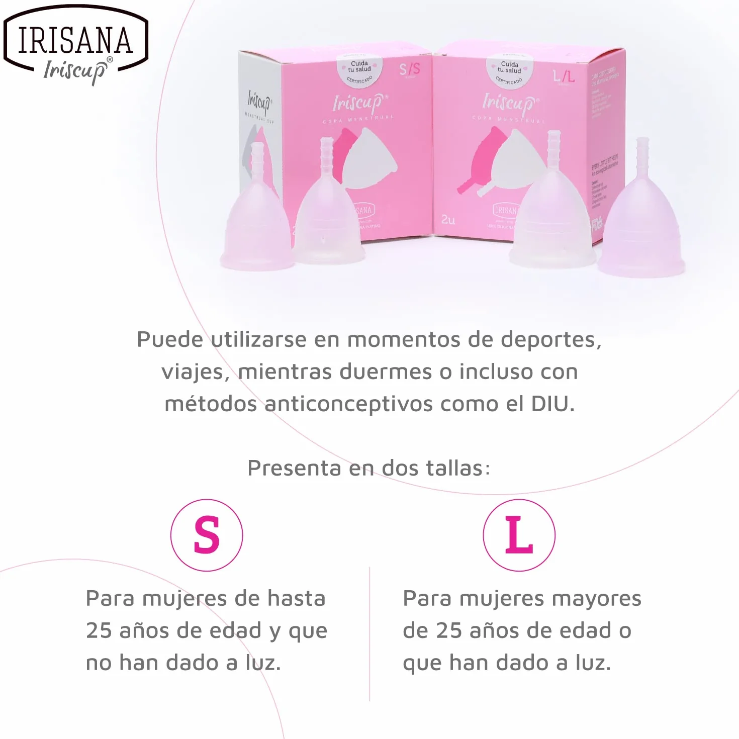 Irisana - Coppetta Mestruale - Confezione da 2 Unità - Taglia L - Rosa e Trasparente - 9 x 6 x 10 cm - Silicone Chirurgico - Compatibile con IUD - Modello Iriscup
