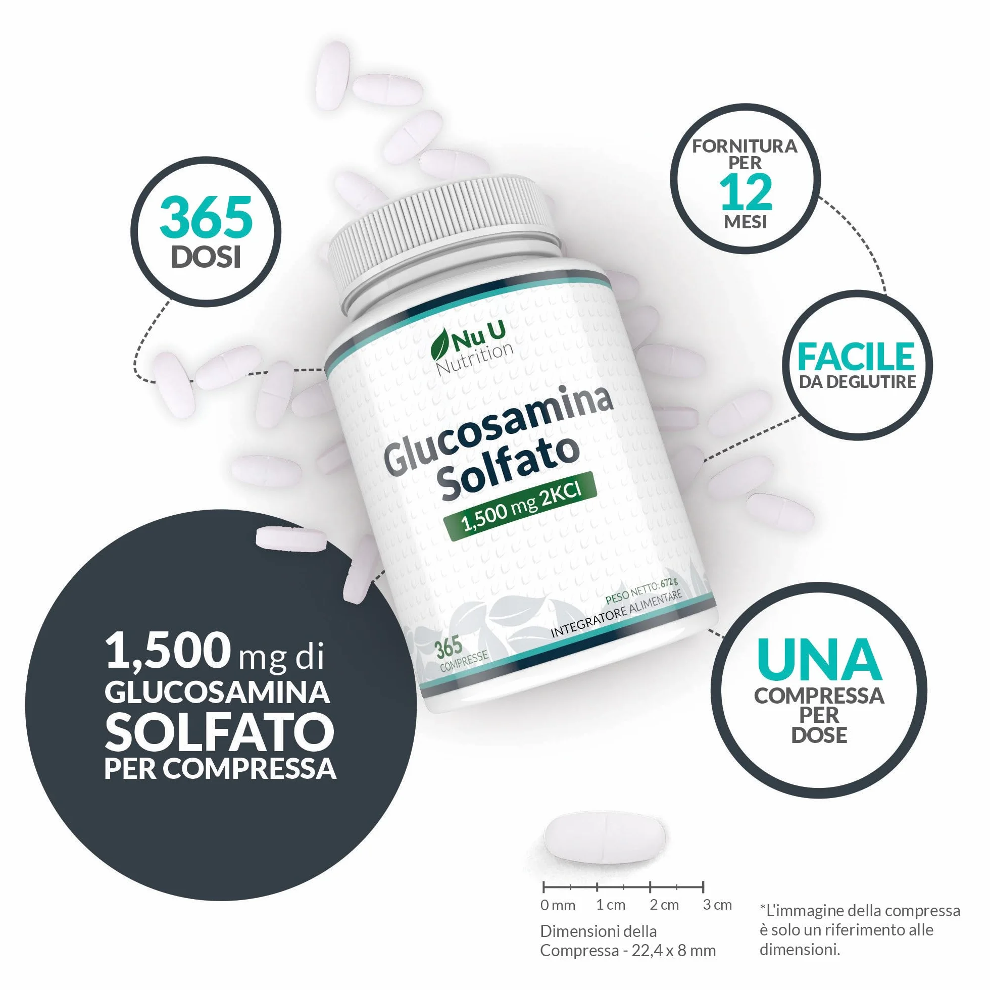 Glucosamina Solfato 1500 mg 2KCl Alto Dosaggio - 365 Compresse non Capsule - 1 Anno di Durata - Integratore per Articolazioni - Prodotto in Europa - Nu U Nutrition