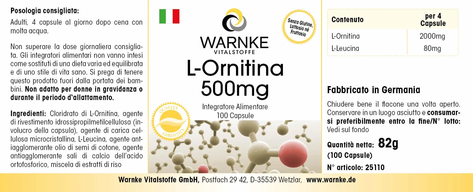 Warnke Vitalstoffe L Ornitina 500mg 100 Capsule Vegan