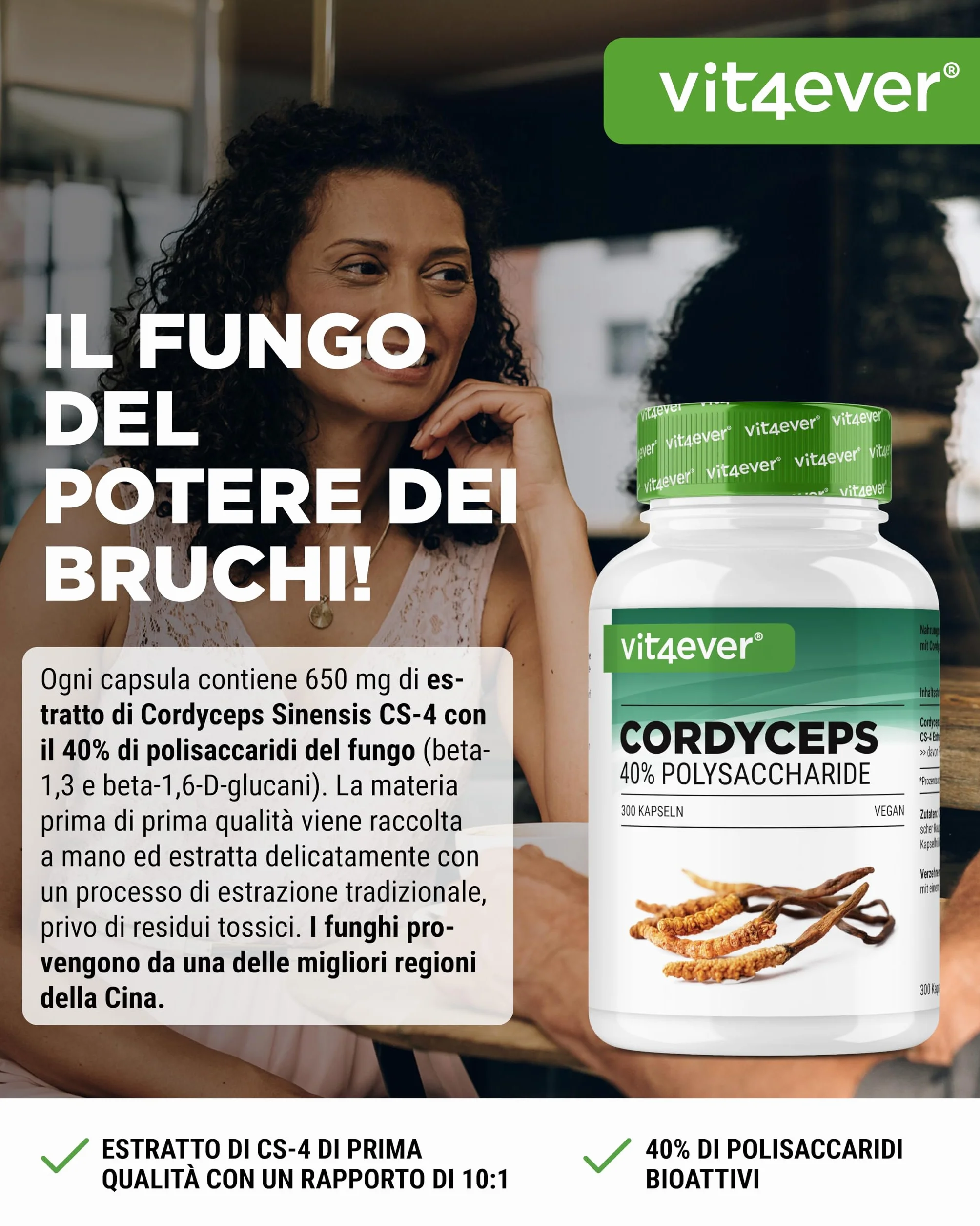 Fungo Cordyceps - 300 capsule con 650 mg di vero estratto CS-4-40% di polisaccaridi bioattivi - dose elevata - fungo bruco - vegano