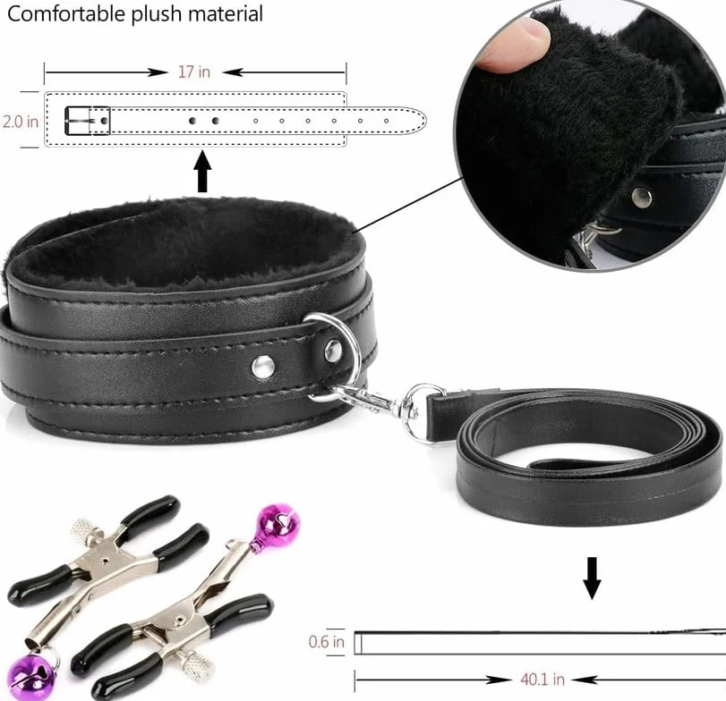 Sex Bondage Kit 10 Pezzi Pelle Nera Regolabile con Manette e Piuma Bastone